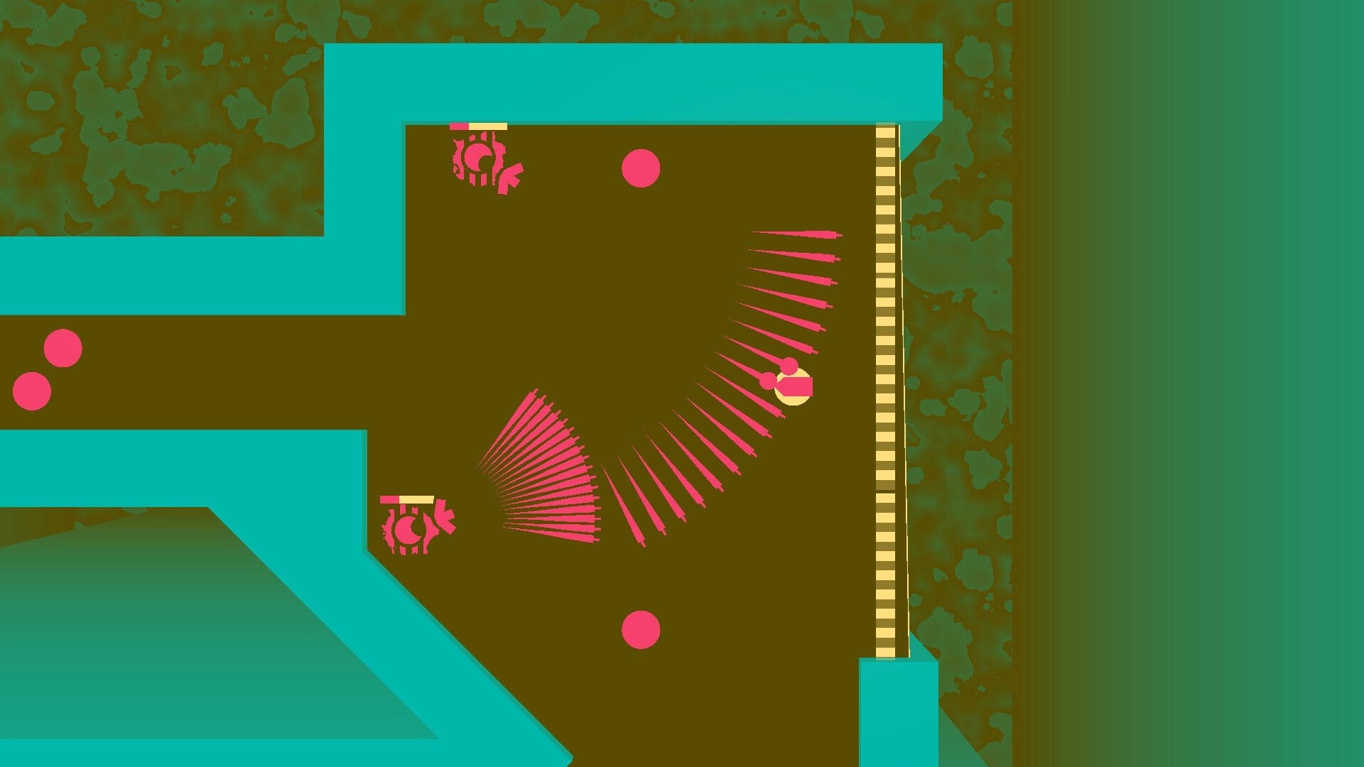 Bullet Brain: Player dodges pink bullet arcs between turrets in a teal-walled top-down room.
