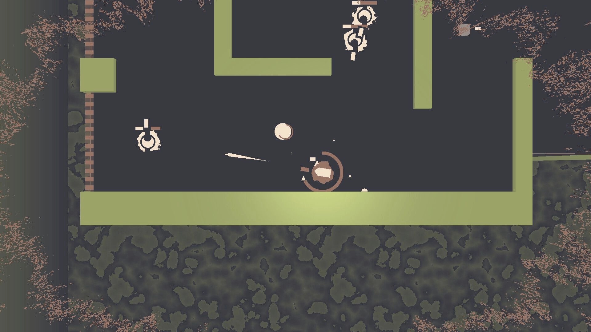 Bullet Brain: Player fires at turret enemies in a dark maze arena with thick green walls.