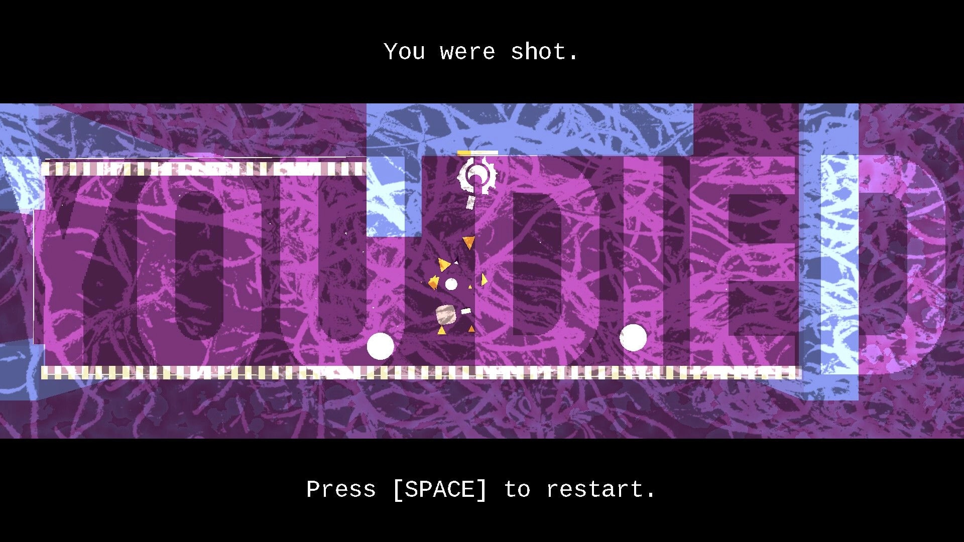 Bullet Brain: Death screen saying You were shot, with Press [SPACE] to restart over neon arena.