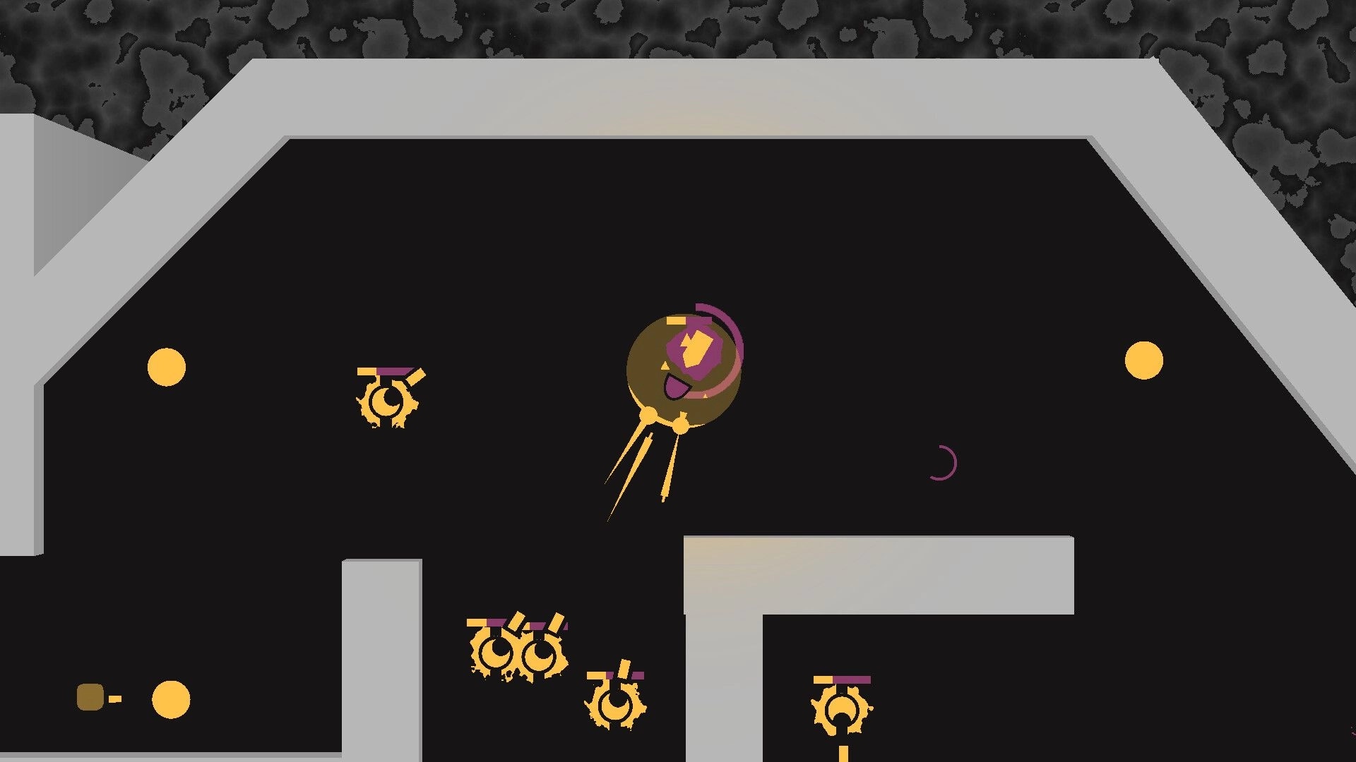 Bullet Brain: Player orb dashes between yellow enemies in a dark arena with gray walls and hazards.