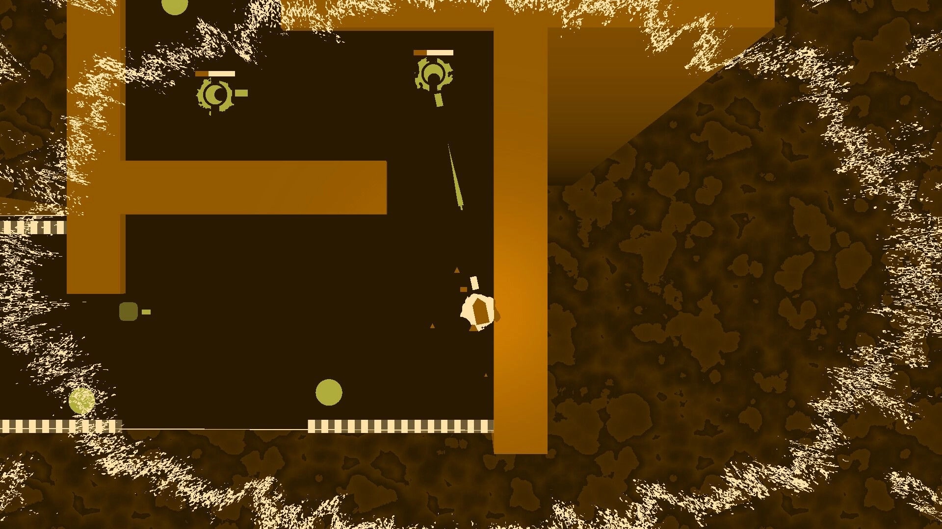 Bullet Brain: Player icon dodges turret fire in a tight corridor inside a brown industrial maze level.