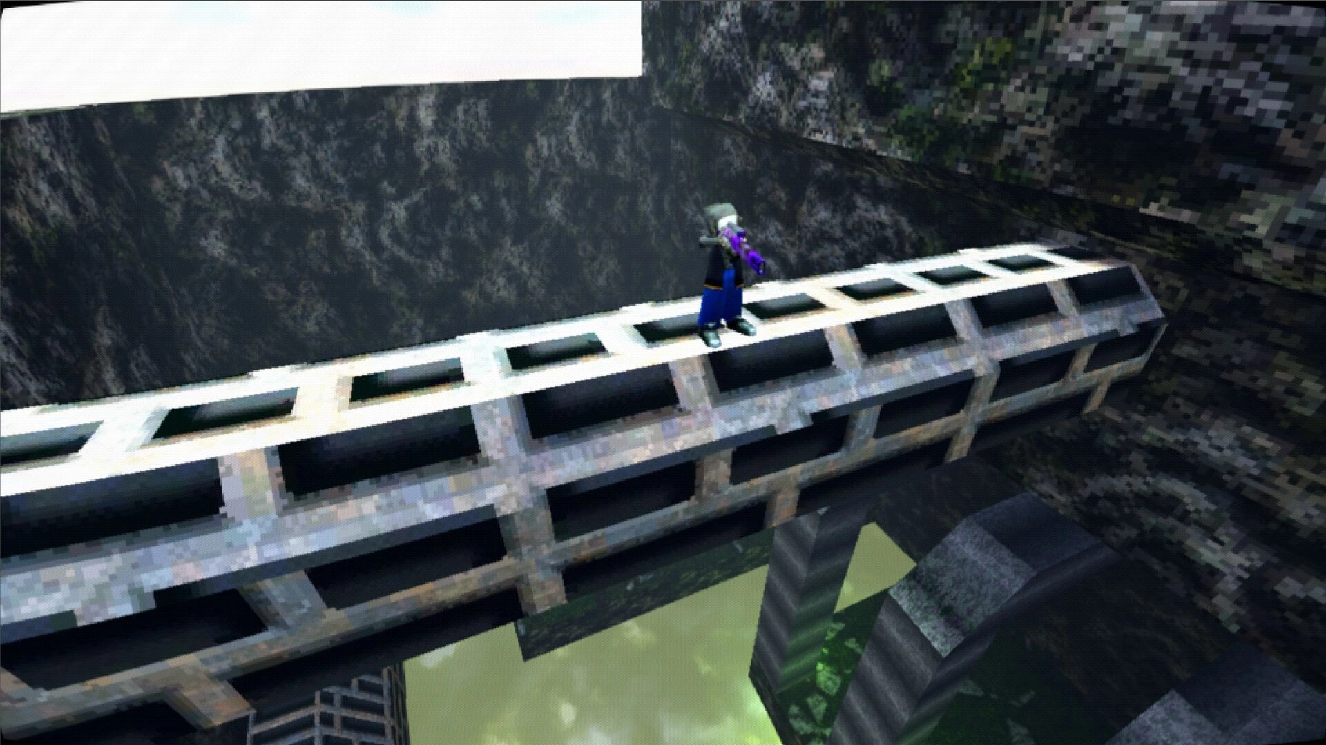 Bullet Speed: Robotic avatar with a purple gun on a narrow bridge above a deep chasm in rocky terrain