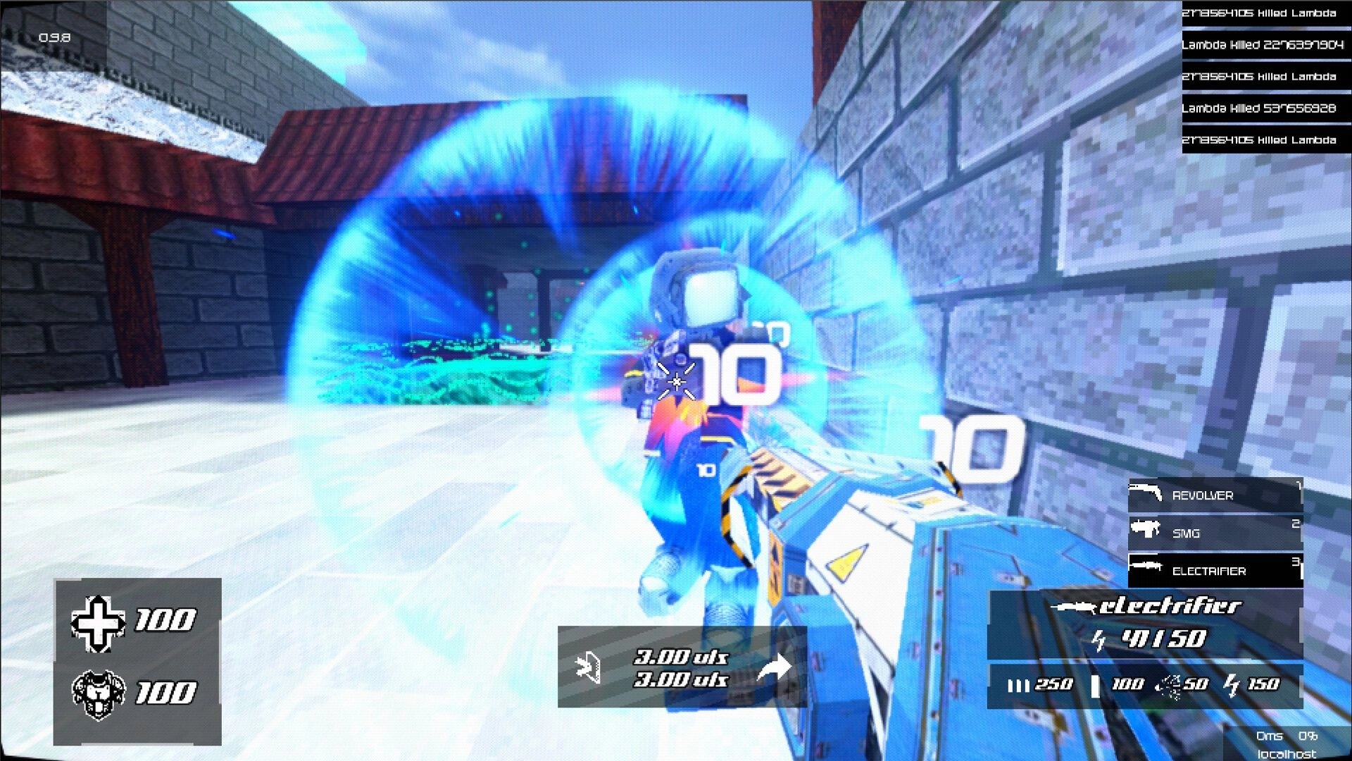 Bullet Speed: Player firing electrifier at enemy robot in arena with health and weapon stats displayed