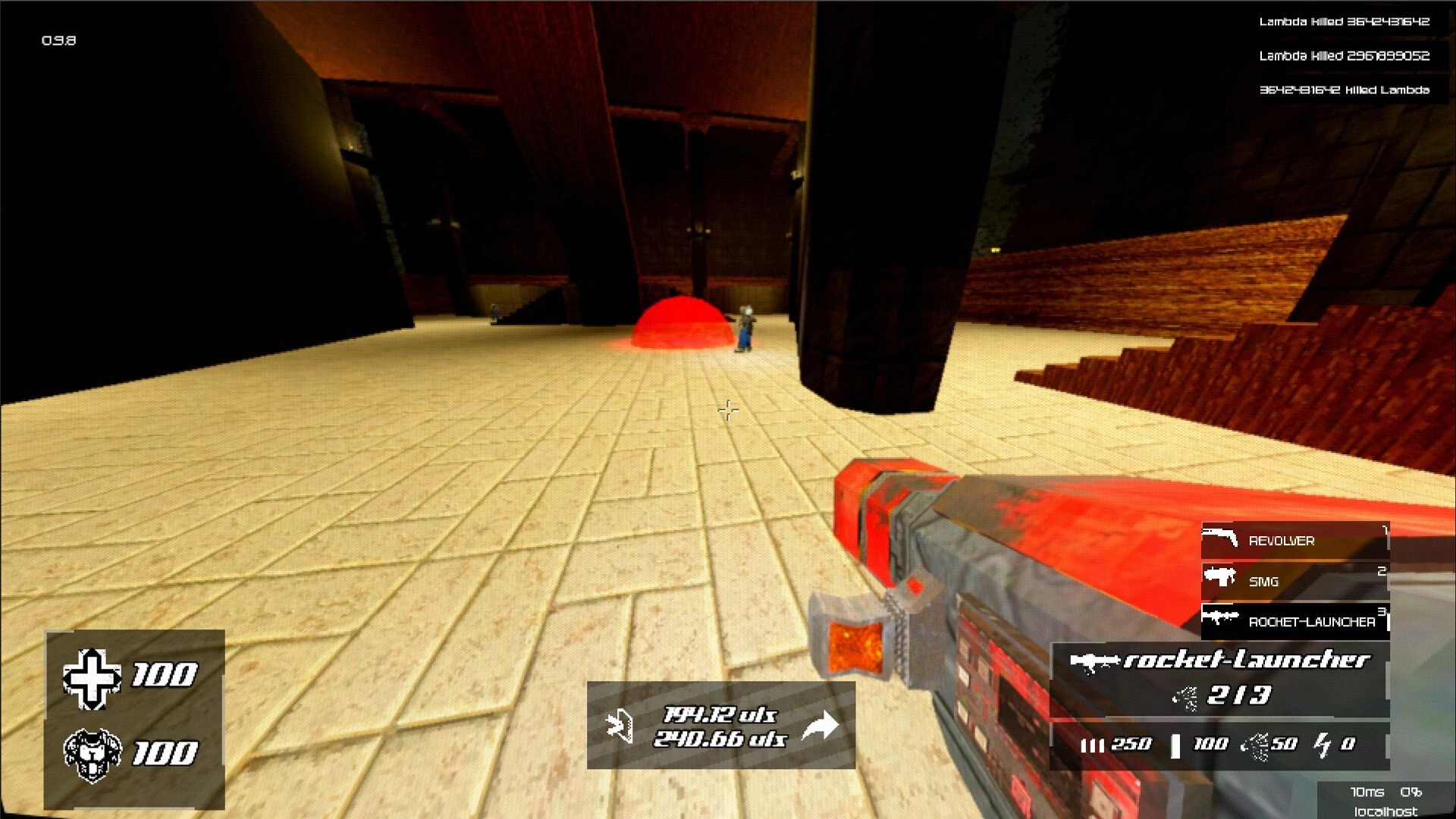 Bullet Speed: First-person view with rocket launcher aiming at enemy near red explosion in arena hallway