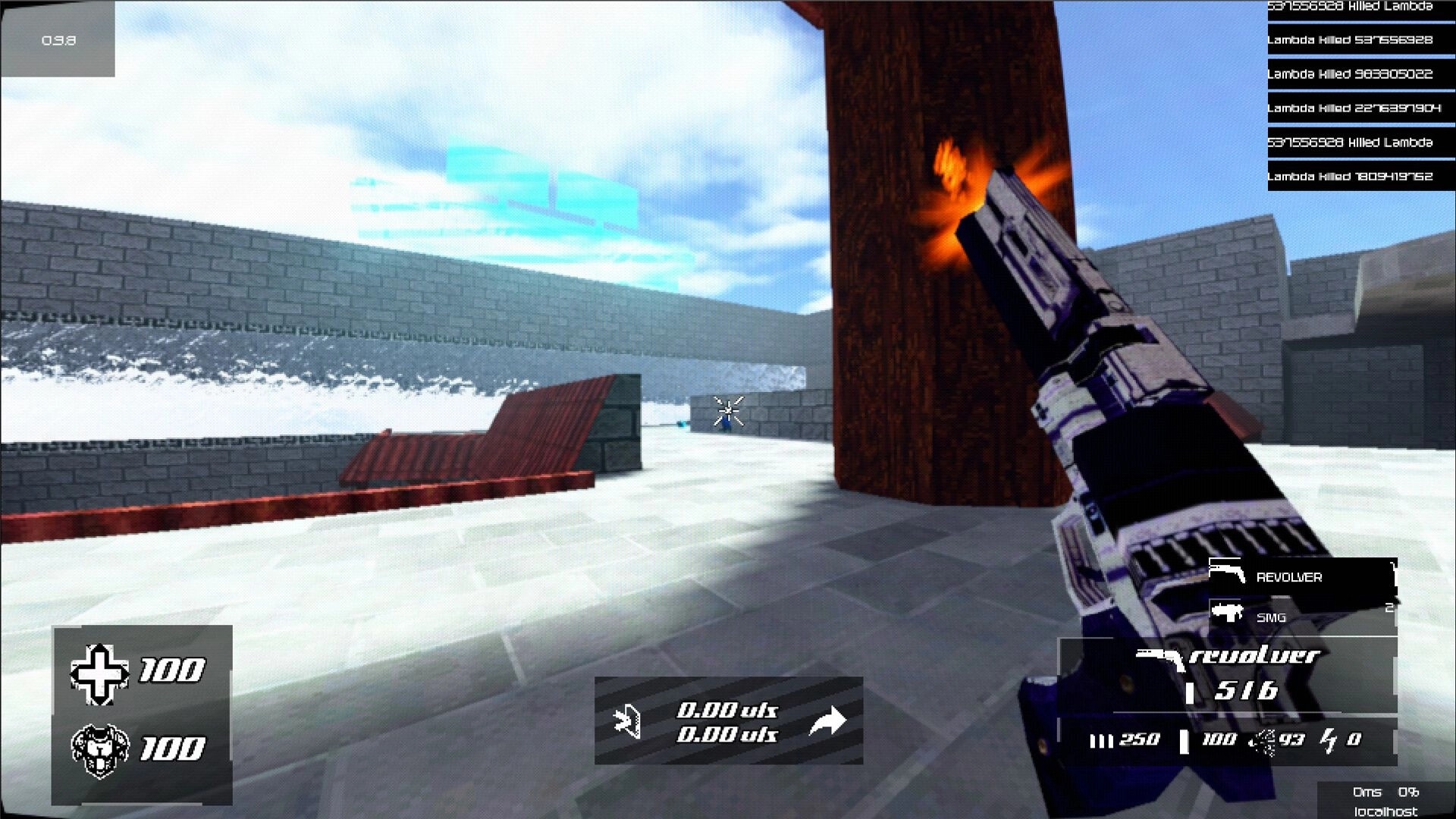 Bullet Speed: Player aiming revolver in industrial arena with health and ammo status displayed