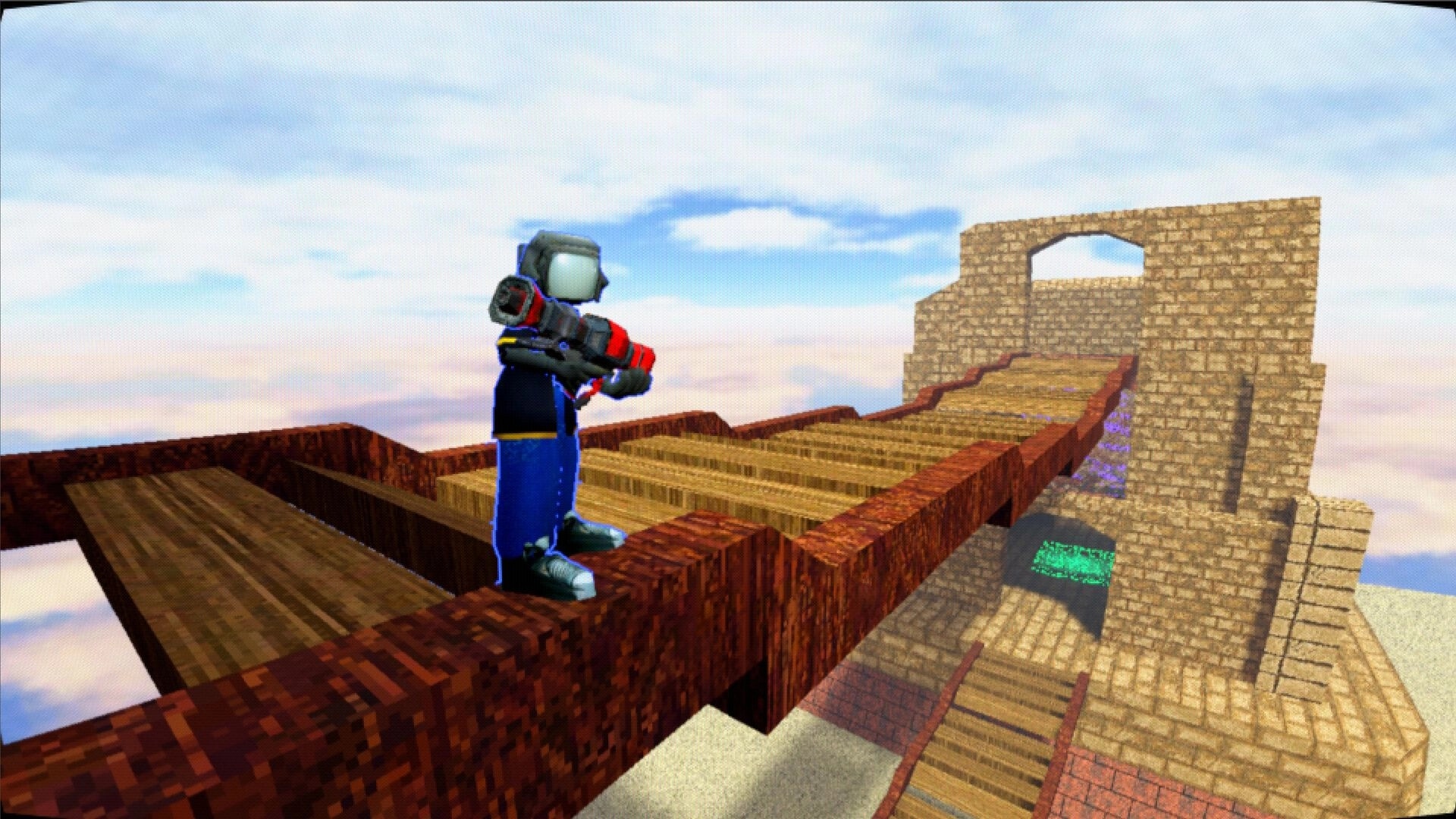 Bullet Speed: Robotic avatar stands on a wooden bridge aiming a weapon at a stone structure in the sky