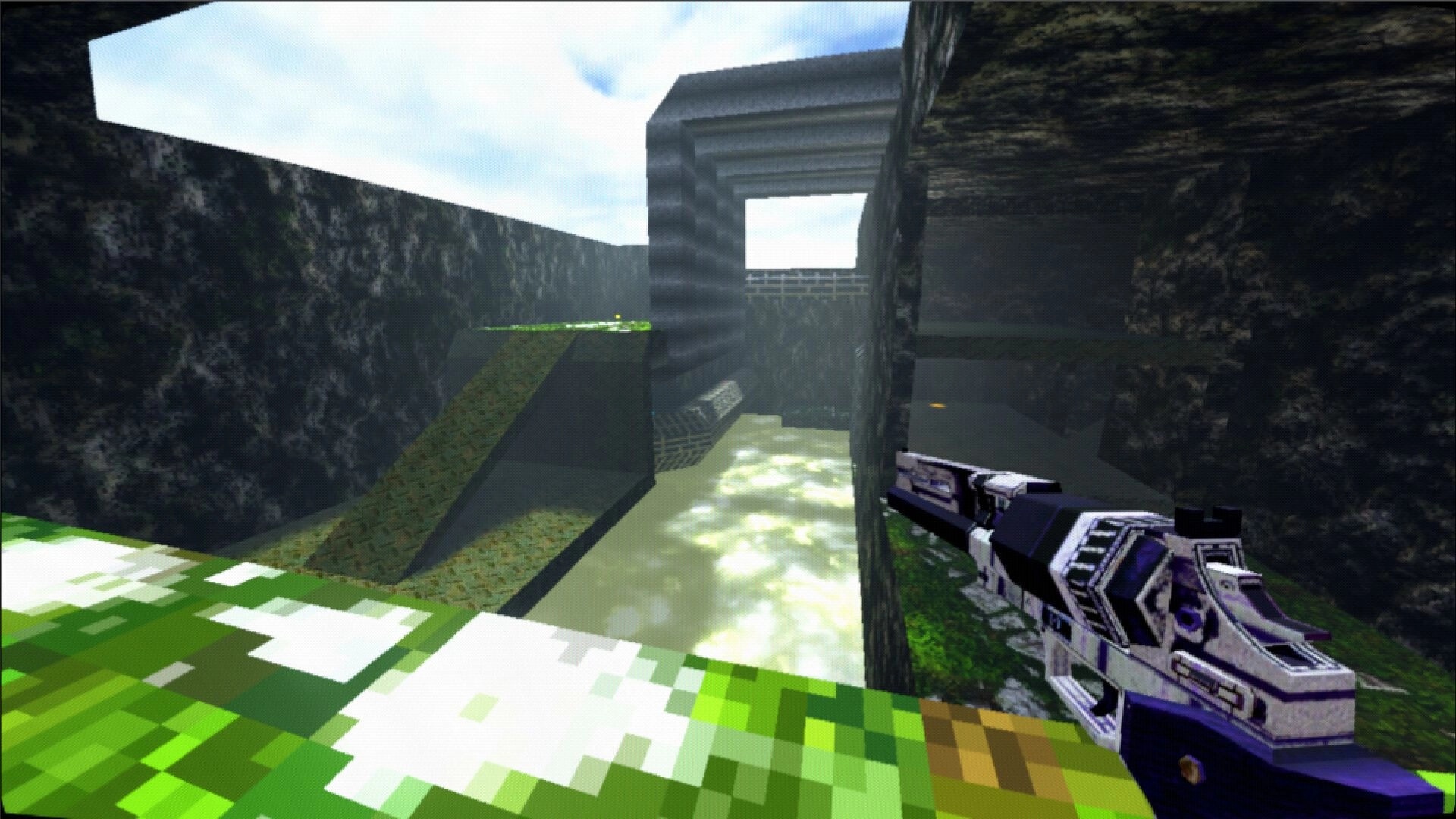 Bullet Speed: First-person view of weapon aiming over a pixelated landscape with ramps and water below.