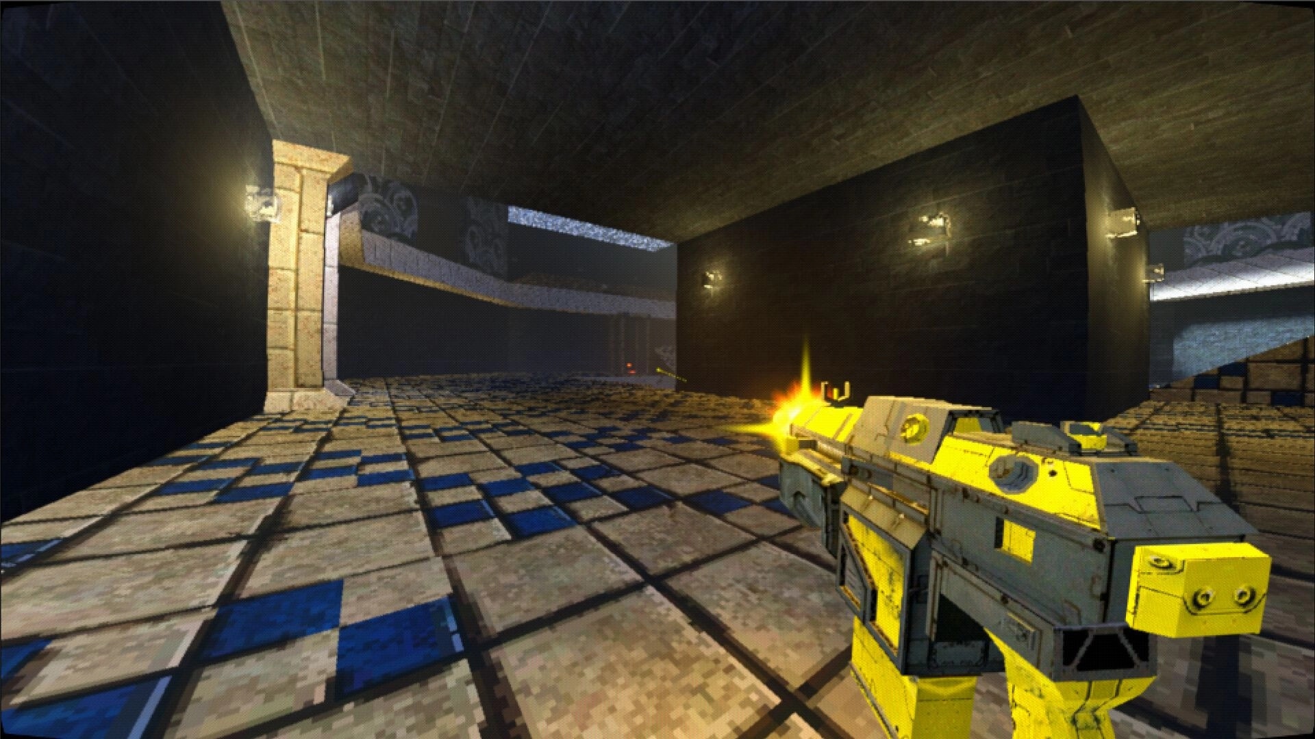 Bullet Speed: First-person view with yellow gun firing in a dimly lit, checkered-tile arena corridor.