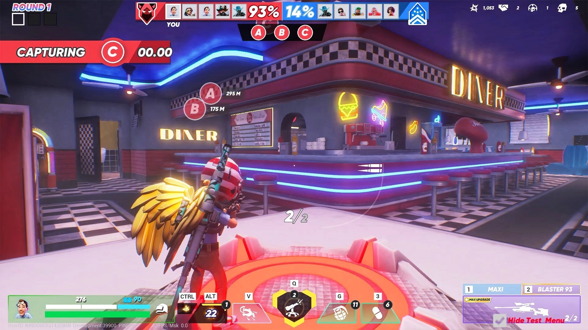 BULLET YEETERS: Capturing point C in a neon-lit diner with enemy distance markers visible