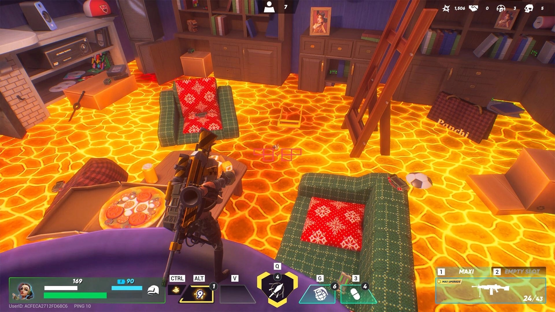 BULLET YEETERS: Player navigates living room with lava floor, equipped with jetpack and visible UI elements.