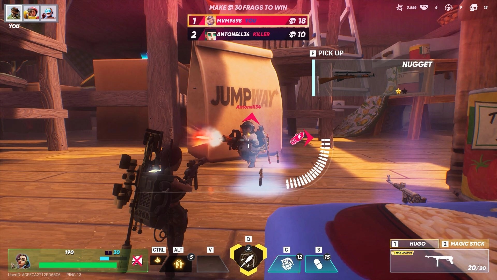 BULLET YEETERS: Intense firefight with jetpack agents in a giant wooden kitchen arena, weapon pickup visible.