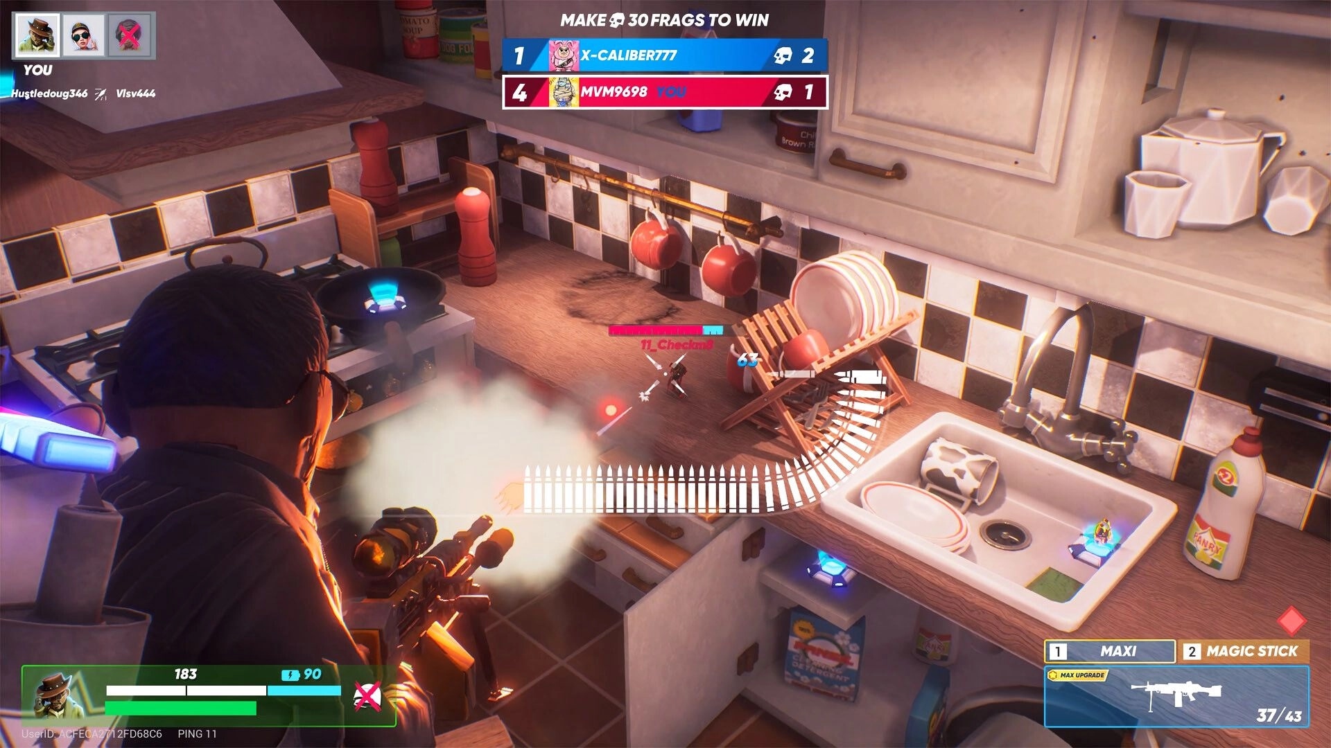 BULLET YEETERS: Player shooting from a kitchen counter with HUD showing health and ammo status.