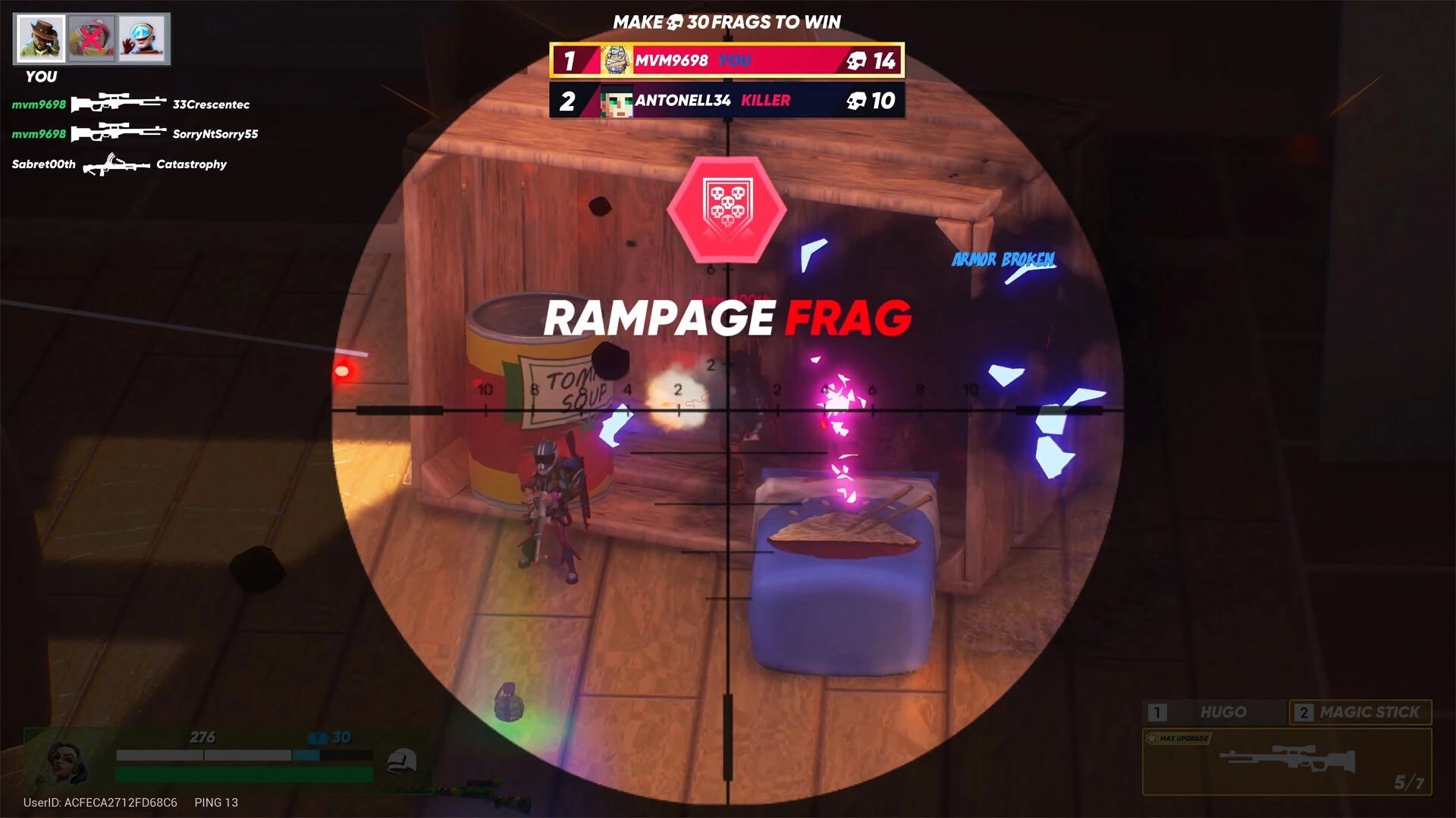 BULLET YEETERS: Rampage frag achieved in a kitchen with sniper scope view and scoreboard visible.