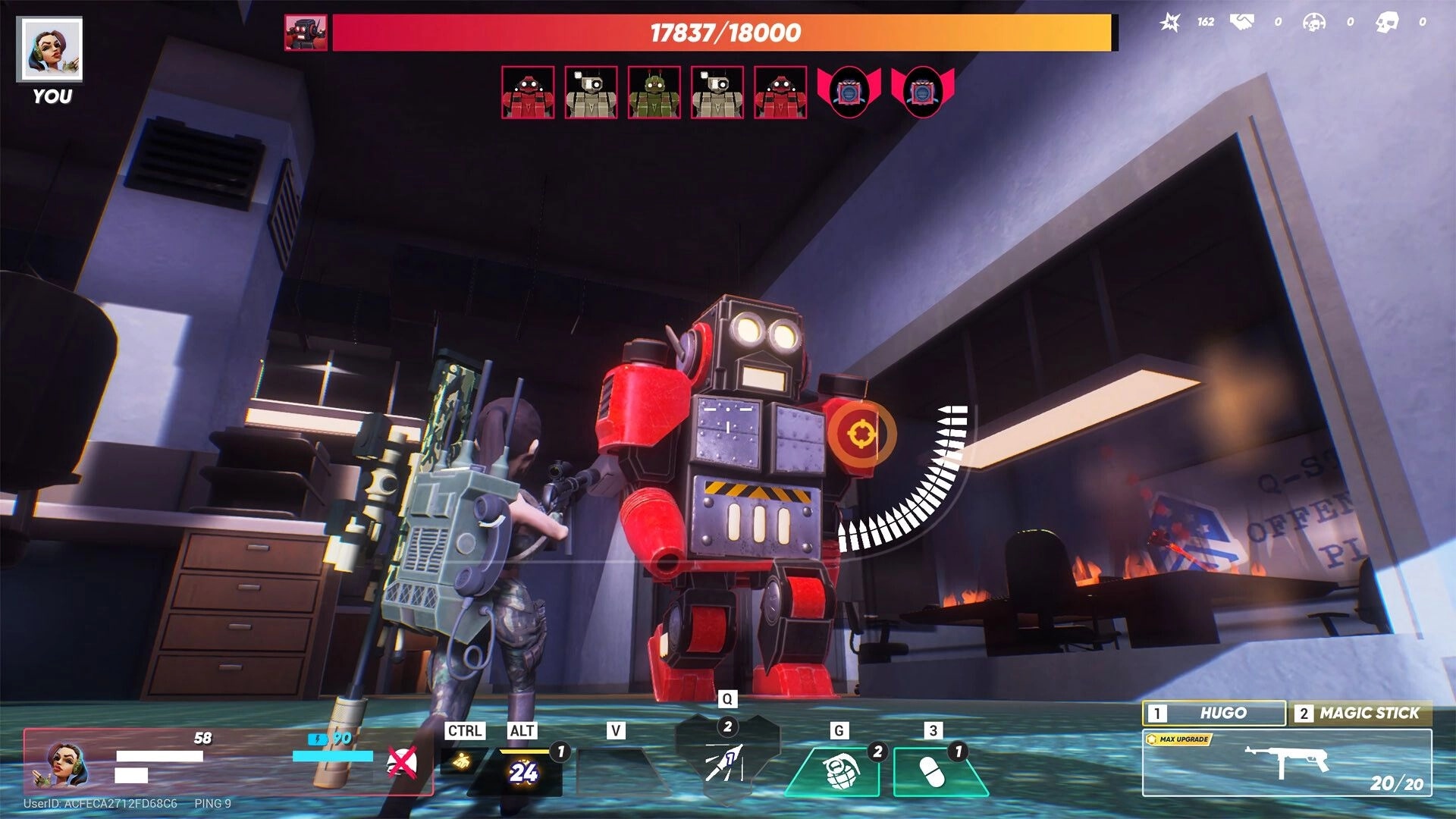 BULLET YEETERS: Player confronts a giant red robot boss in a fiery office environment with HUD displays.