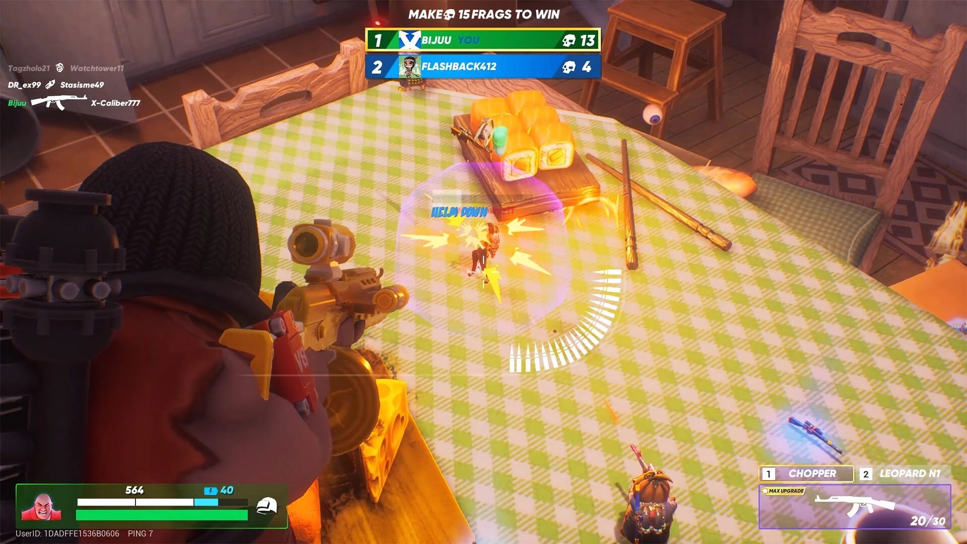 BULLET YEETERS: Player aiming at opponent on kitchen table, score and weapon HUD visible