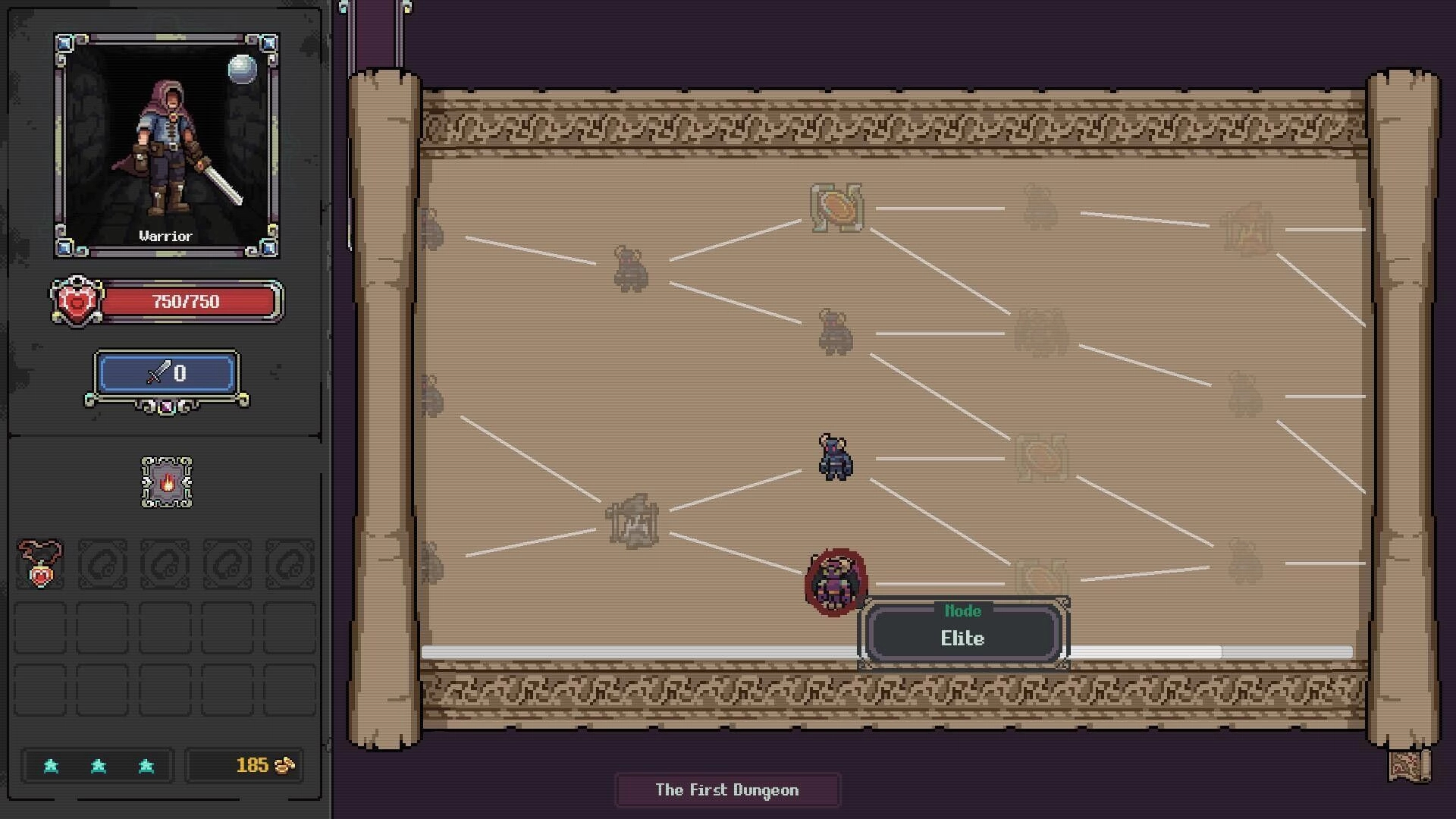 Bumpers & Dragons: Warrior stats panel beside parchment dungeon path map with Elite node selected.