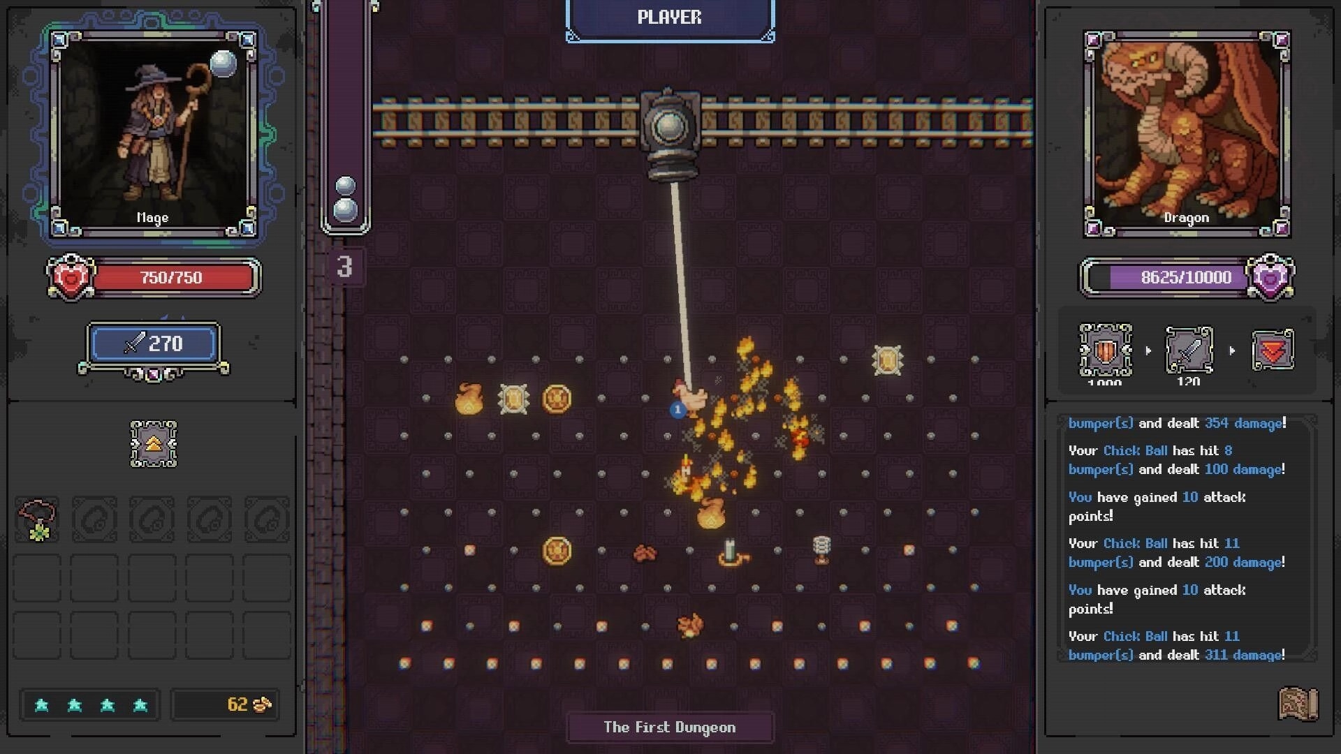 Bumpers & Dragons: Mage vs dragon as a chick ball hits bumpers on a dungeon pachinko board UI.