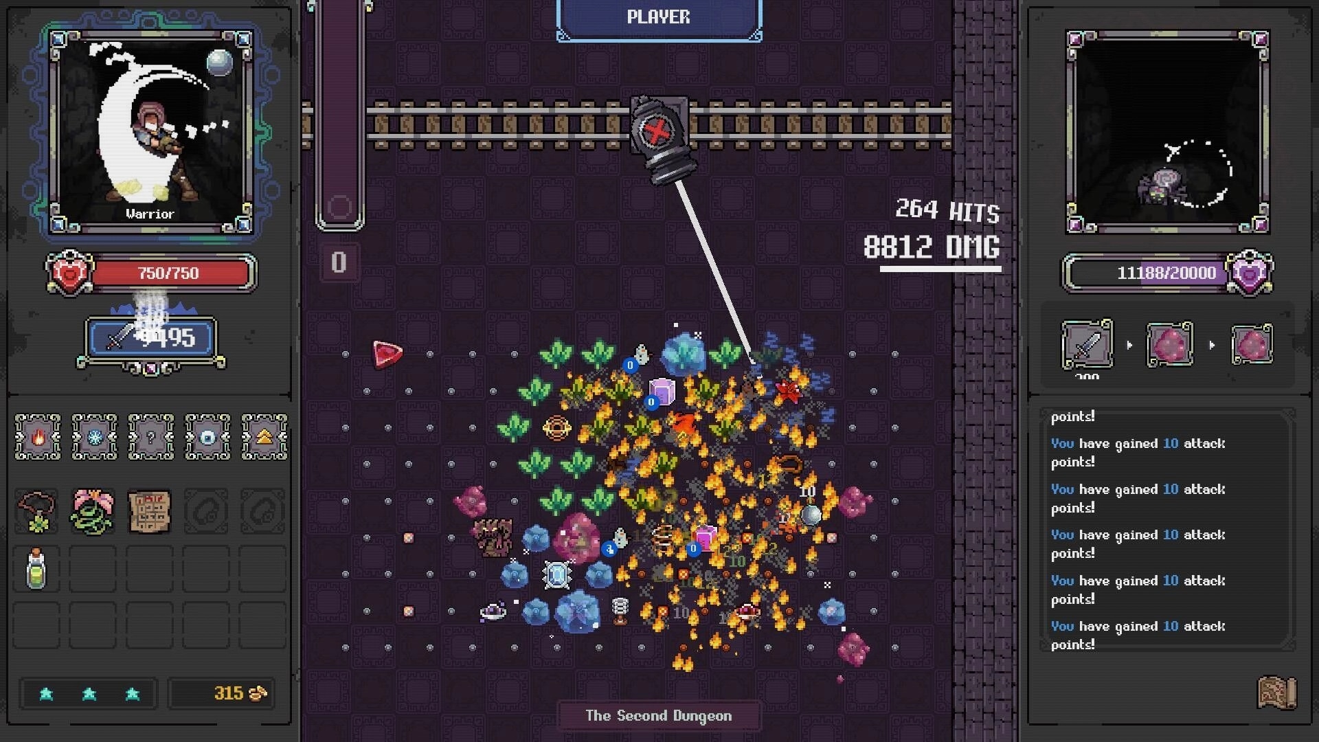 Bumpers & Dragons: Warrior run with ricocheting ball and fire hits on a dungeon pegboard battle screen.