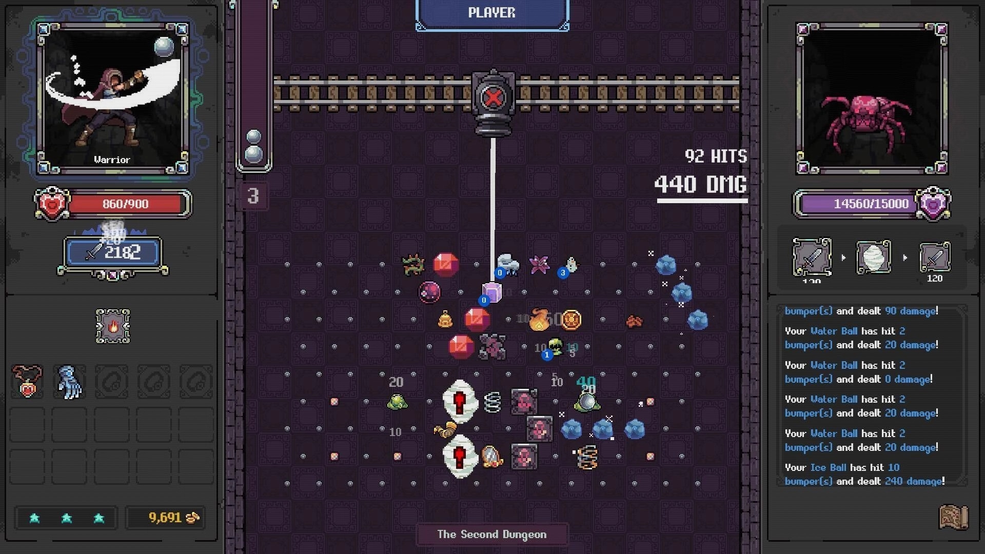 Bumpers & Dragons: Warrior battle board with bouncing balls and 92 hits, 440 DMG in dungeon UI.