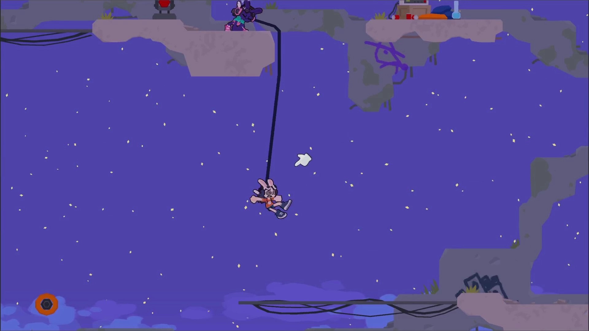 Bun G Bop: Bunny character dangling on a long bungee cord between rocky platforms in starry sky.