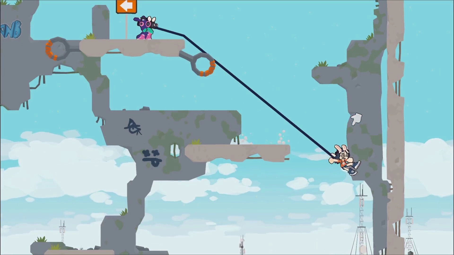 Bun G Bop: Two bunny players linked by bungee cord, swinging between floating stone platforms in sky.