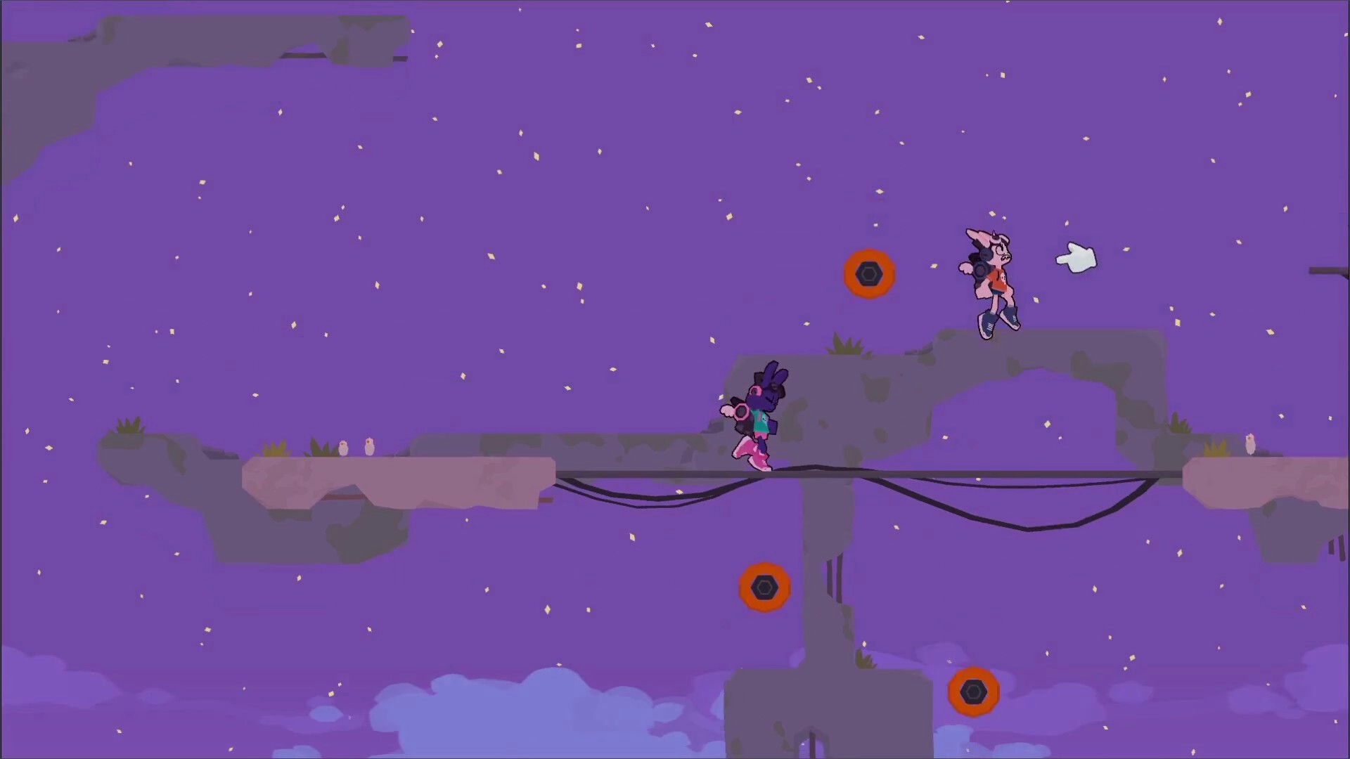 Bun G Bop: Two bunny players on platforms with bungee cord, purple starry sky and tower targets.