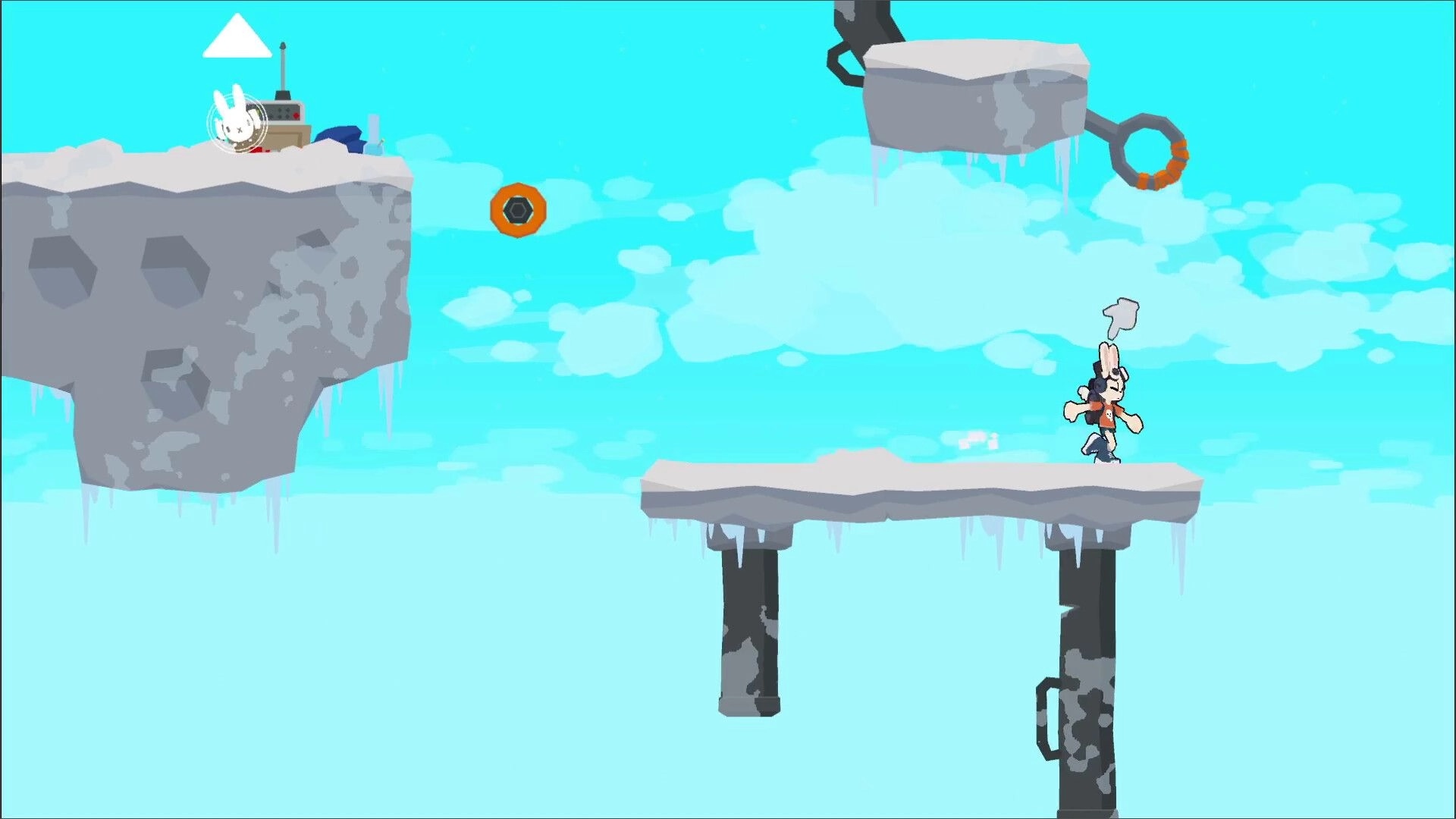 Bun G Bop: Bunny character leaps between icy floating platforms under blue sky, with arrow UI icon.