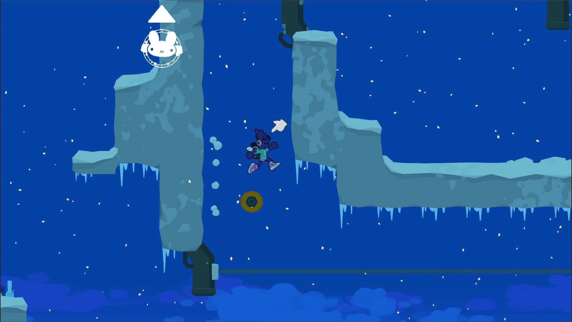 Bun G Bop: Bunny avatar midair between icy platforms under starry sky, with arrow and icon UI.