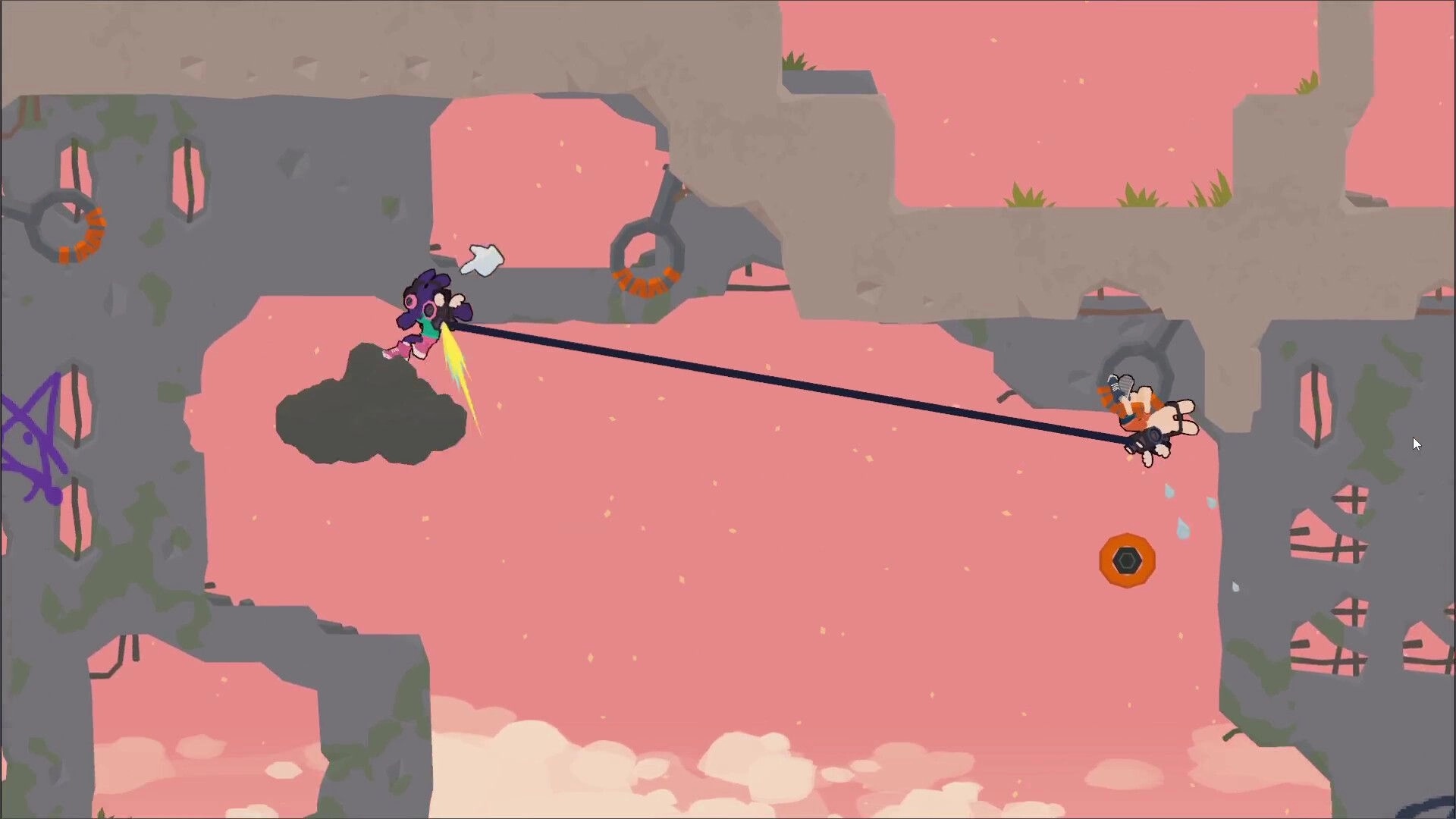 Bun G Bop: Two players tethered by a bungee cord swing between stone ruins over a pink sky.