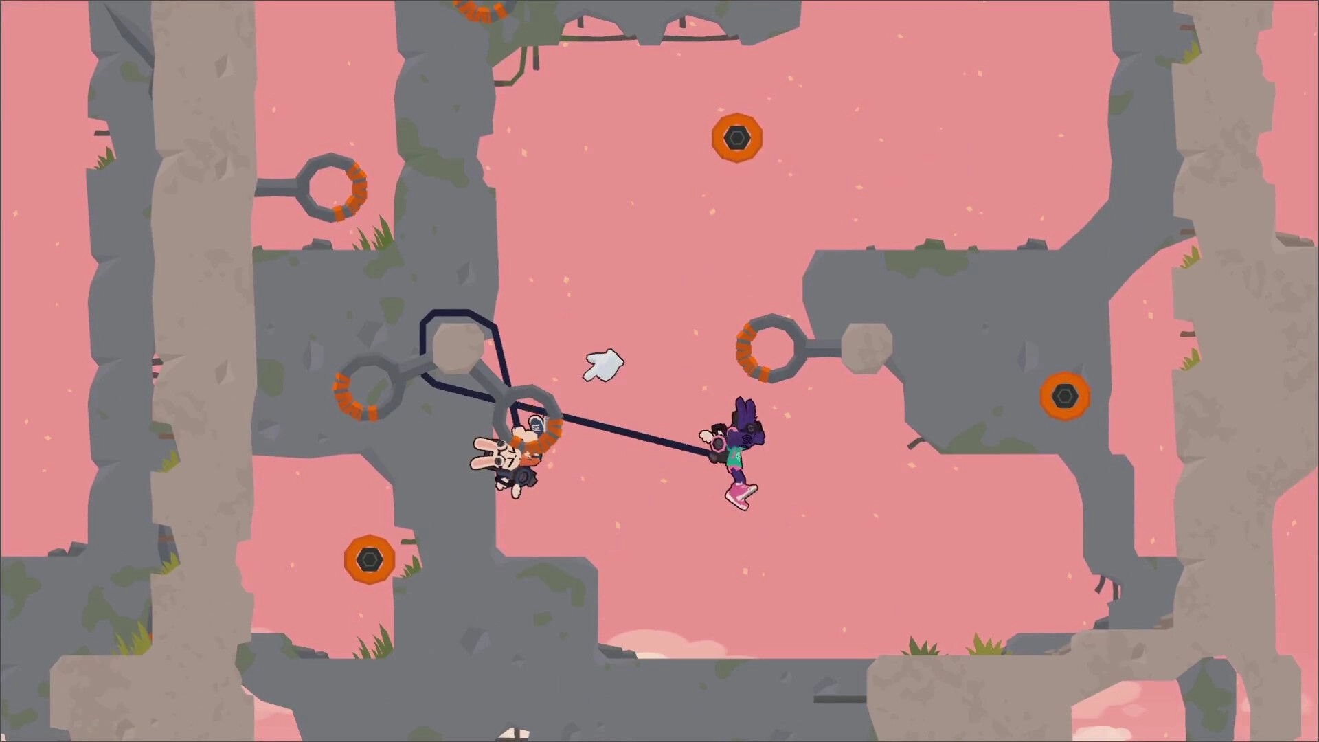 Bun G Bop: Two co-op characters linked by bungee cord swinging between stone platforms at sunset.