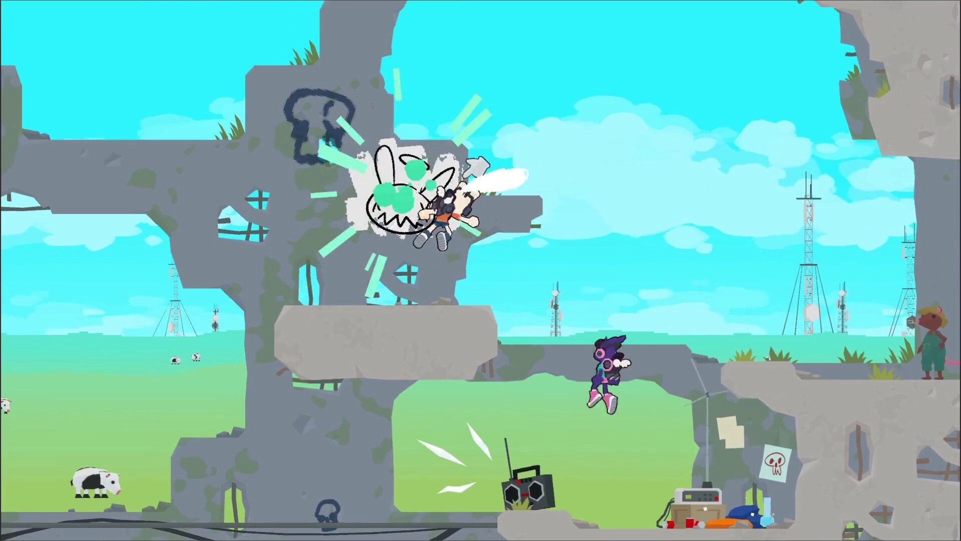Bun G Bop: Two players bungee-swing and slam a bunny face tag on ruined concrete platforms outdoors.