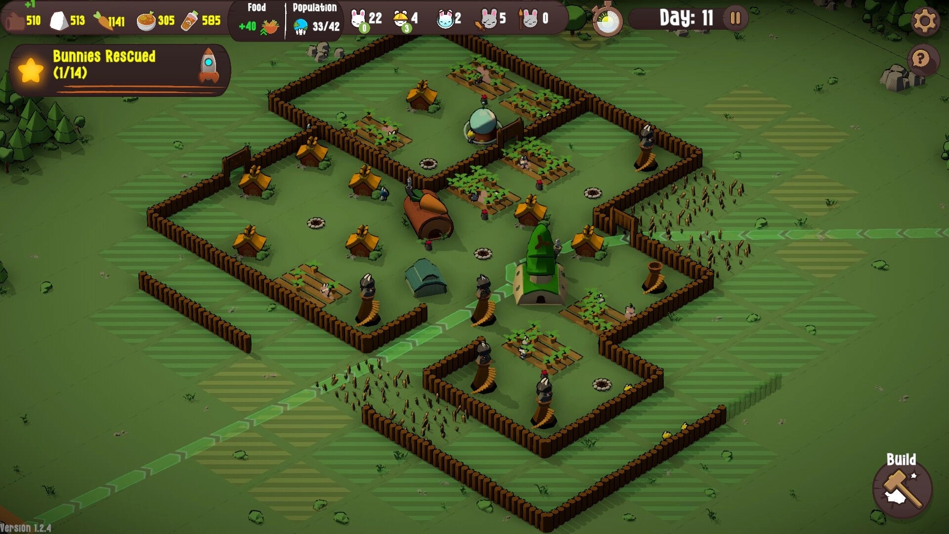 Bunny Bunker: Walled colony with huts and farms, resource icons, and bunnies amidst daytime setting