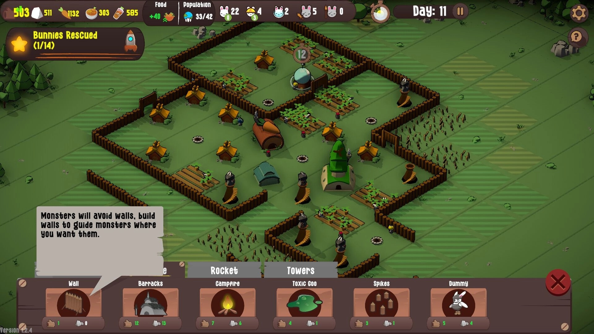 Bunny Bunker: Daytime village overview with wooden defenses, resource stats, and construction options visible.