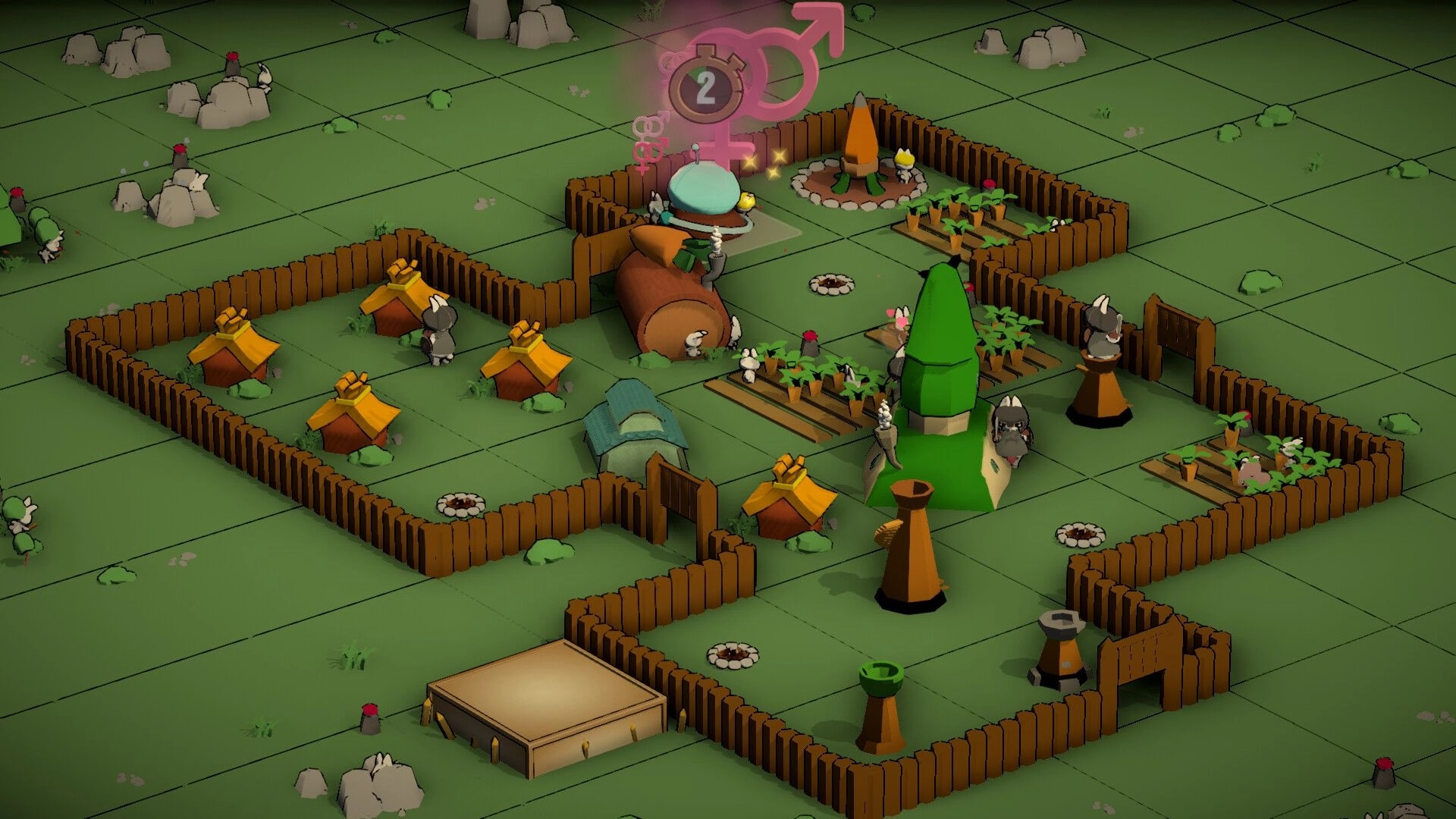Bunny Bunker: Bunnies managing resources in a fenced colony with tents and a garden environment