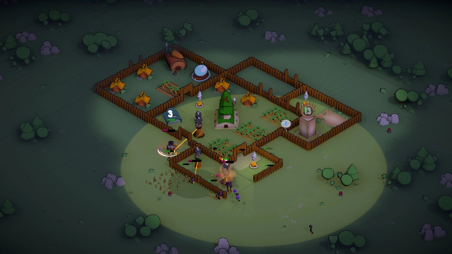 Bunny Bunker: Bunnies defend wooden fort with turrets and tents in forested area against night monsters