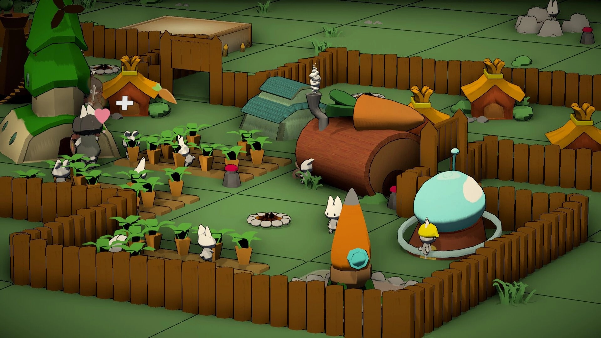 Bunny Bunker: Bunnies tending vegetable garden and exploring fenced village with rocket and houses
