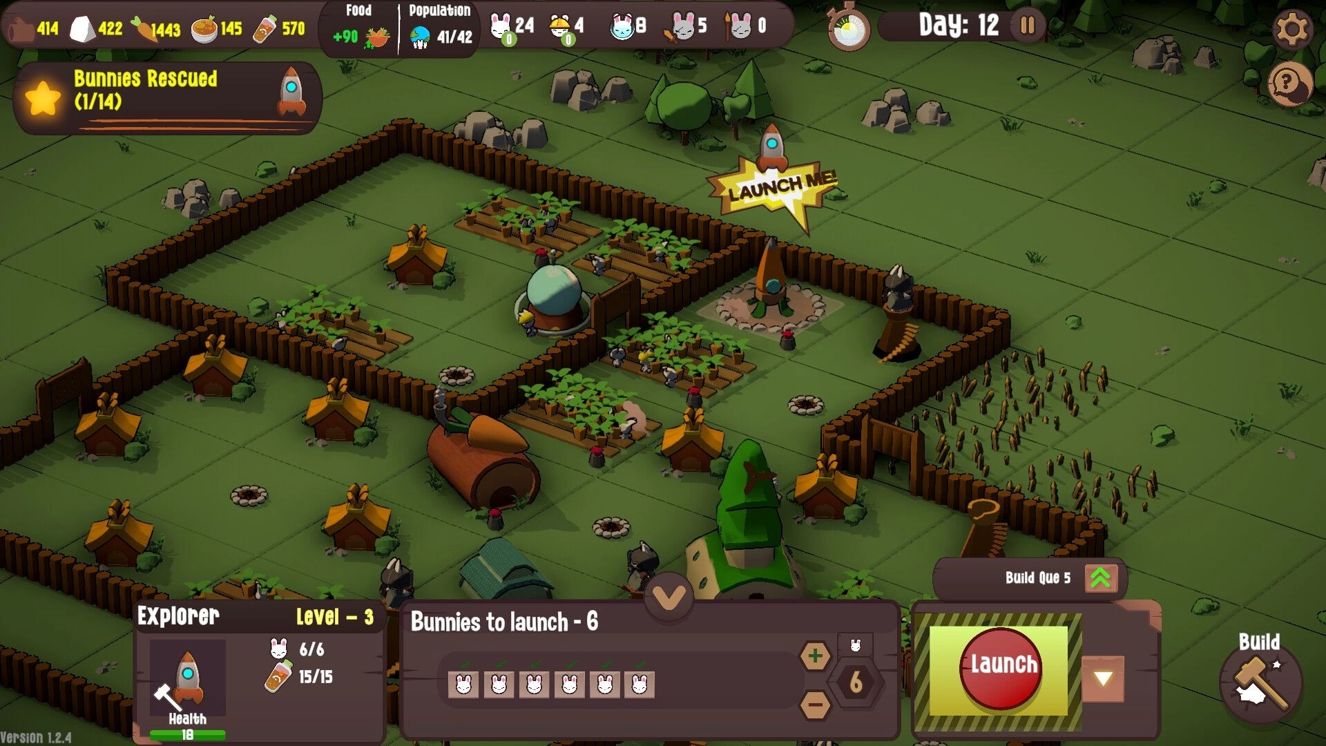 Bunny Bunker: Farm and village overview with resource icons and a "Launch Me" prompt in the forest.