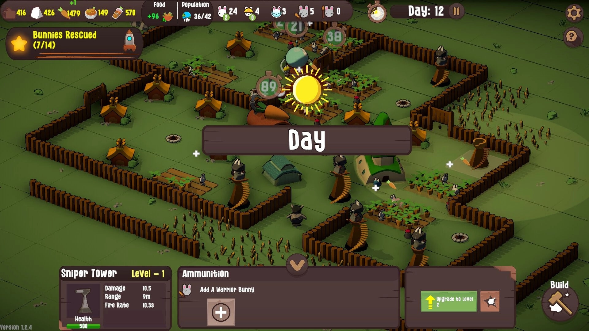 Bunny Bunker: Daytime village overview with resources, sniper towers, and bunnies managing crops