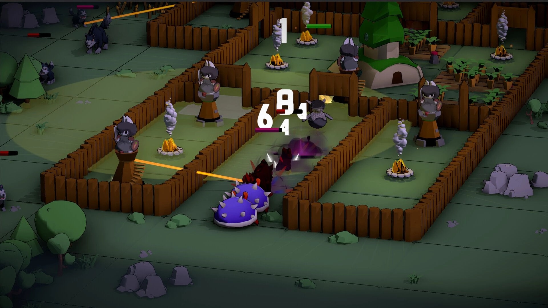 Bunny Bunker: Bunnies on towers defend against spiked creatures in a wooden maze at night.
