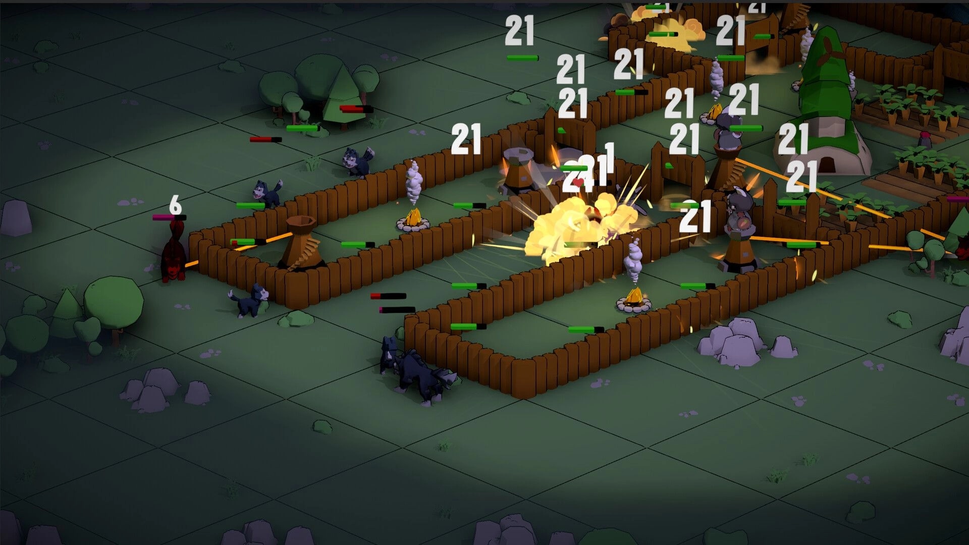 Bunny Bunker: Bunnies defend a wooden maze with cannons against wolves in a grassy nighttime setting.