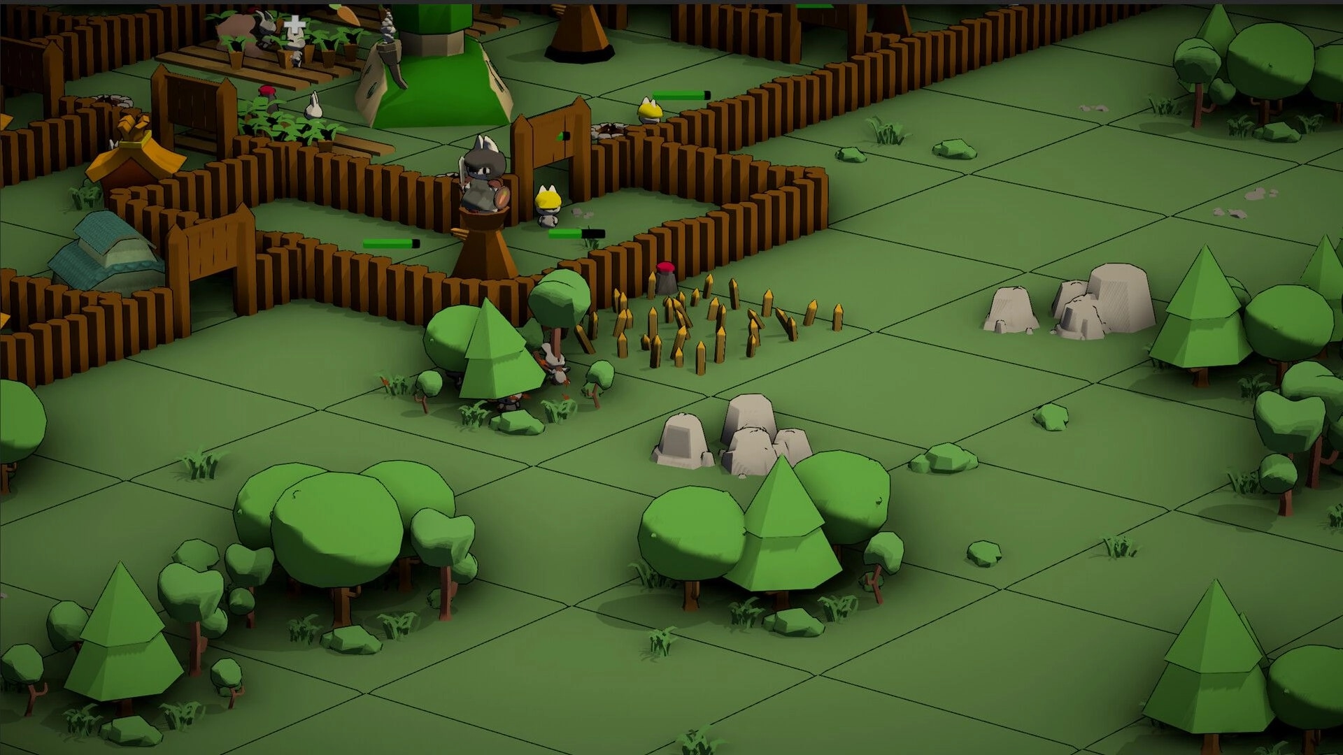 Bunny Bunker: Bunny guards patrolling wooden fort with turrets surrounded by trees and rock formations