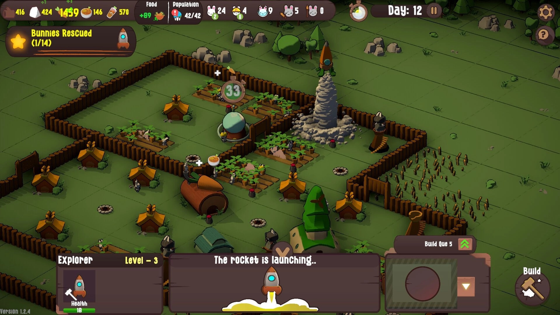 Bunny Bunker: Bunnies farming in fortified area with rocket launching, surrounded by wooden walls