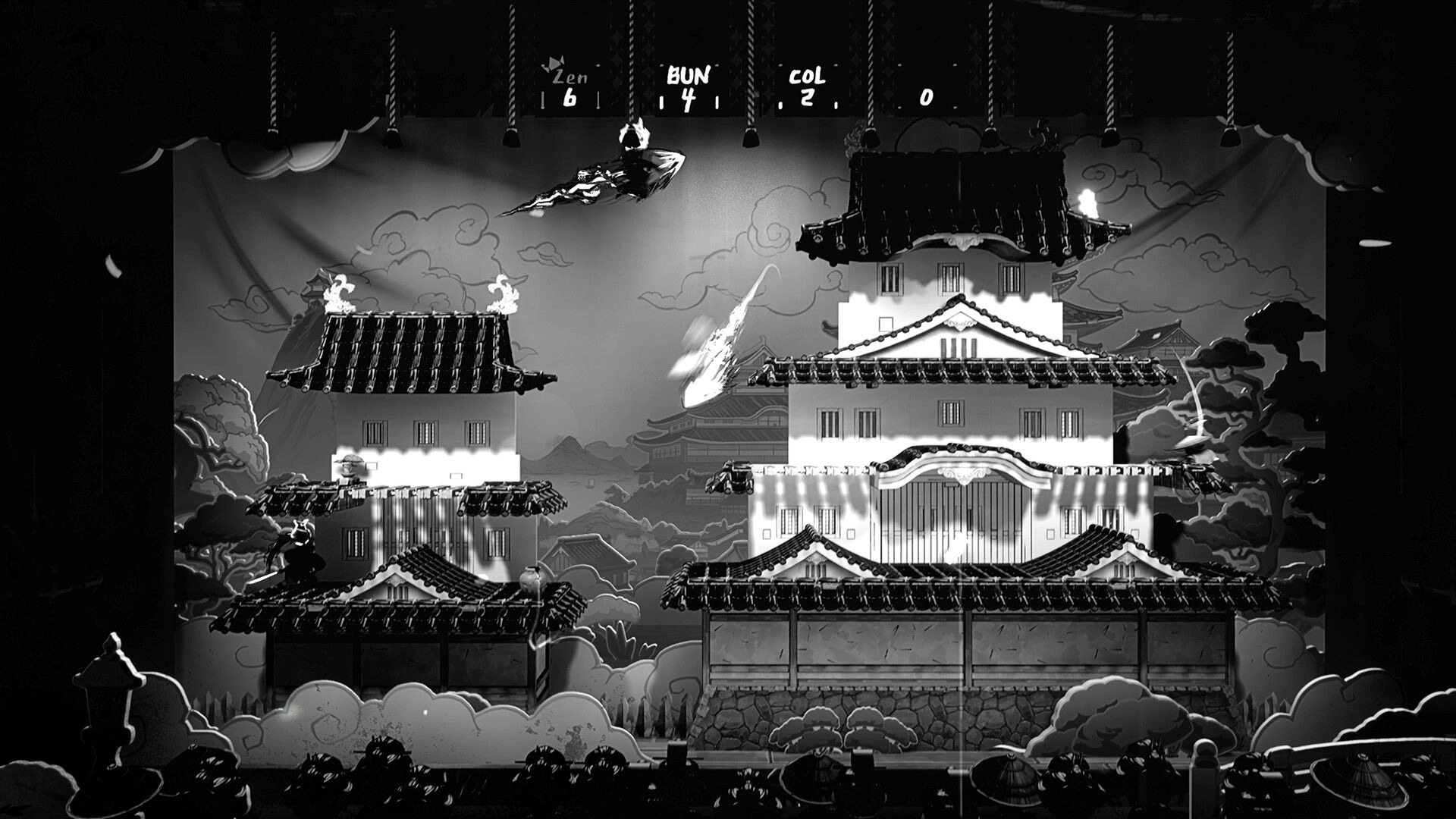 Bunraku: Ninja dashes midair over tiled rooftops, score counters above, in a castle theater arena.