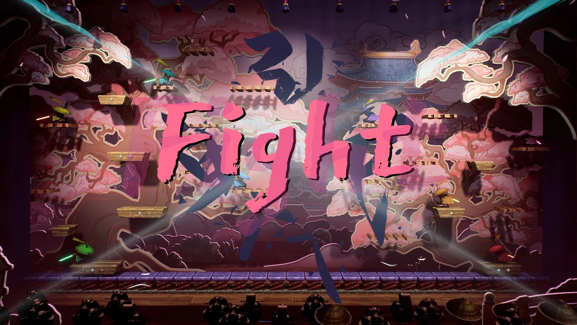 Bunraku: Giant “Fight” prompt over four ninjas on floating platforms in a cherry blossom theater arena.