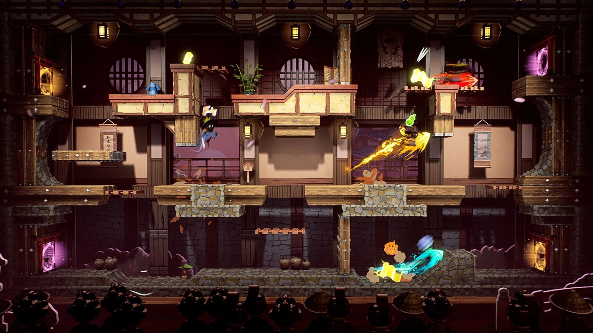 Bunraku: Ninjas dash and slash with glowing trails across platforms in a lantern-lit theater dojo arena.