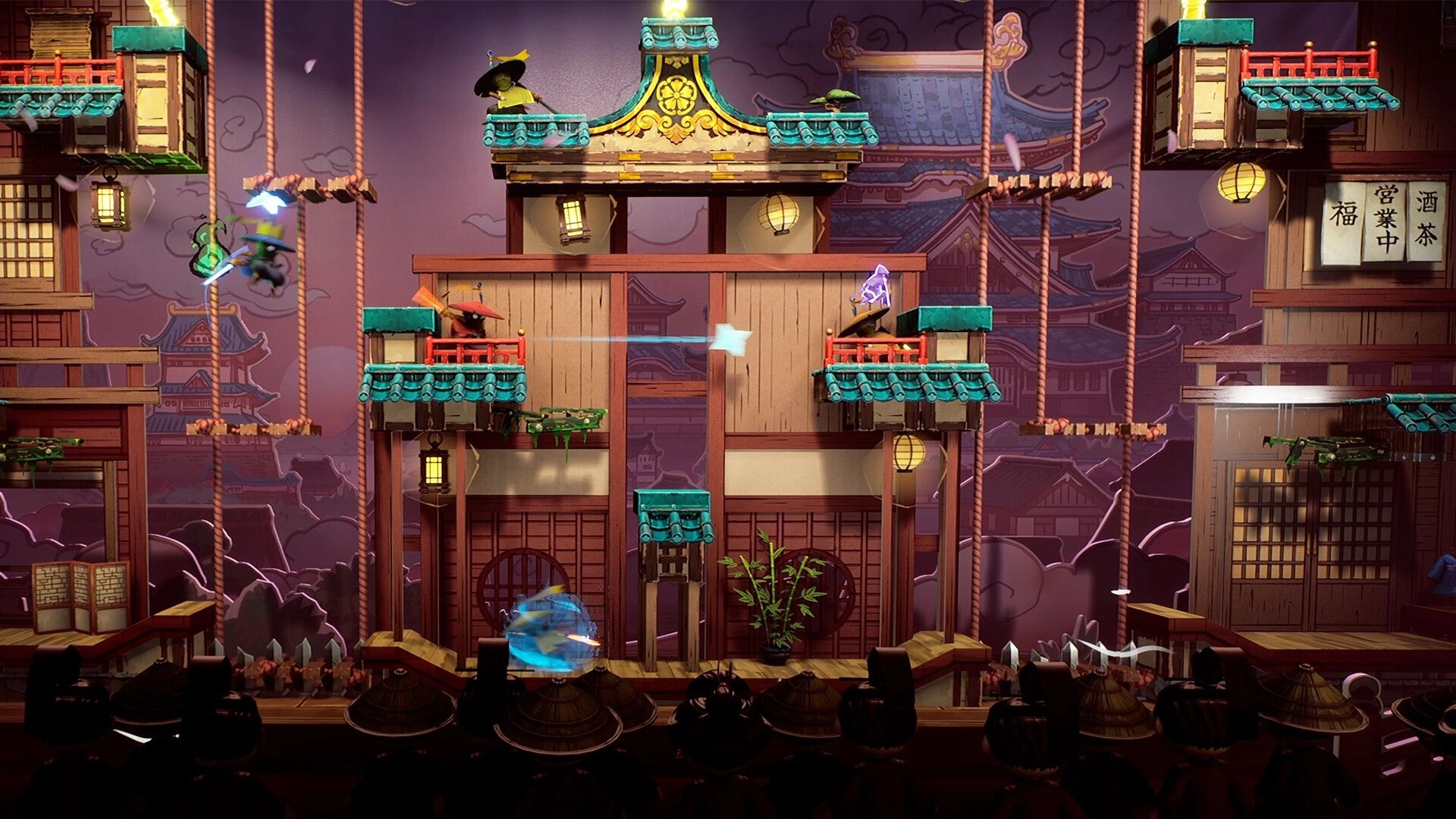 Bunraku: Four ninjas clash and dash across hanging platforms in a lantern-lit theater rooftop arena.