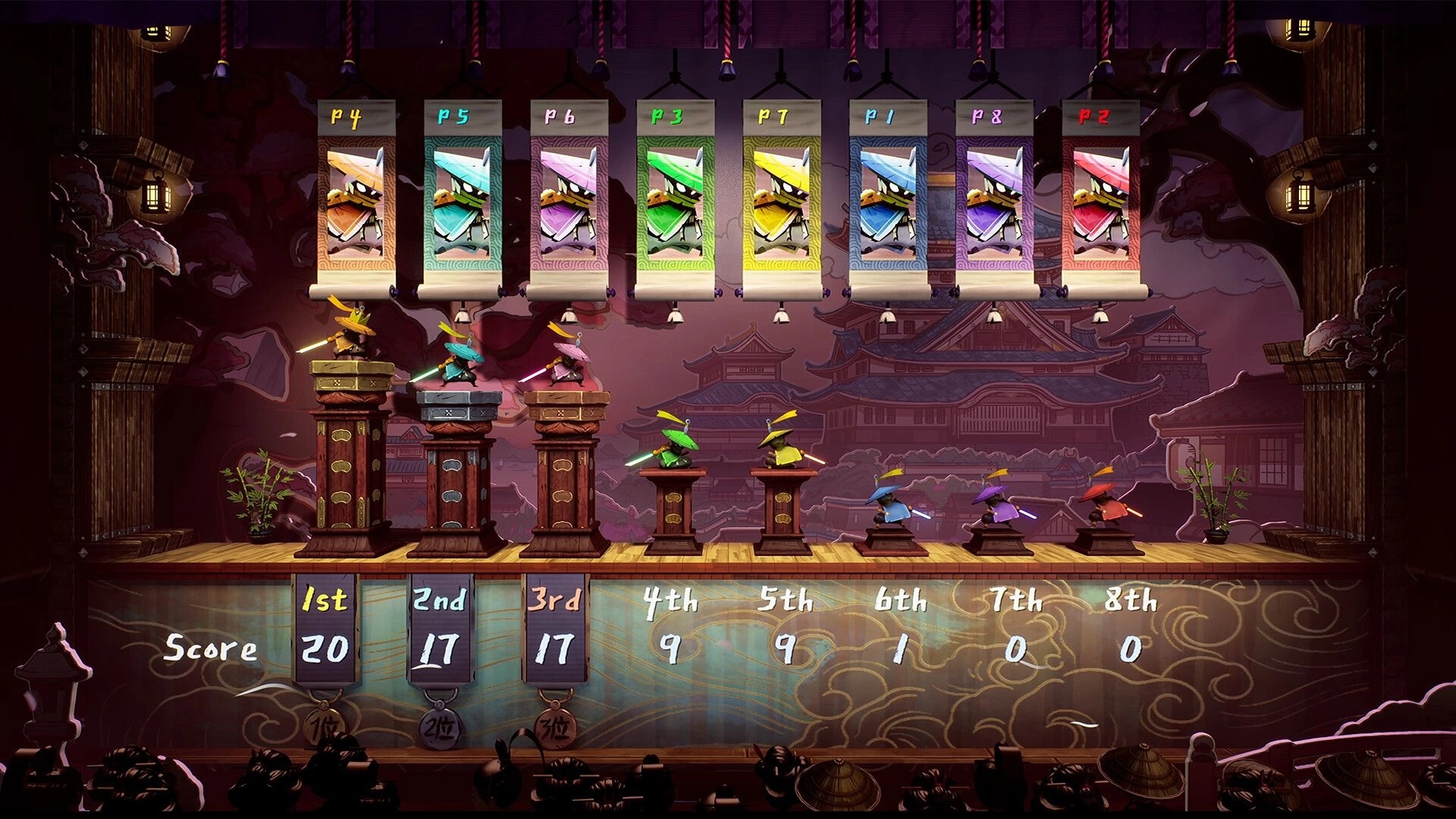 Bunraku: Eight player banners and ninja puppets on podiums with score rankings on theater stage.