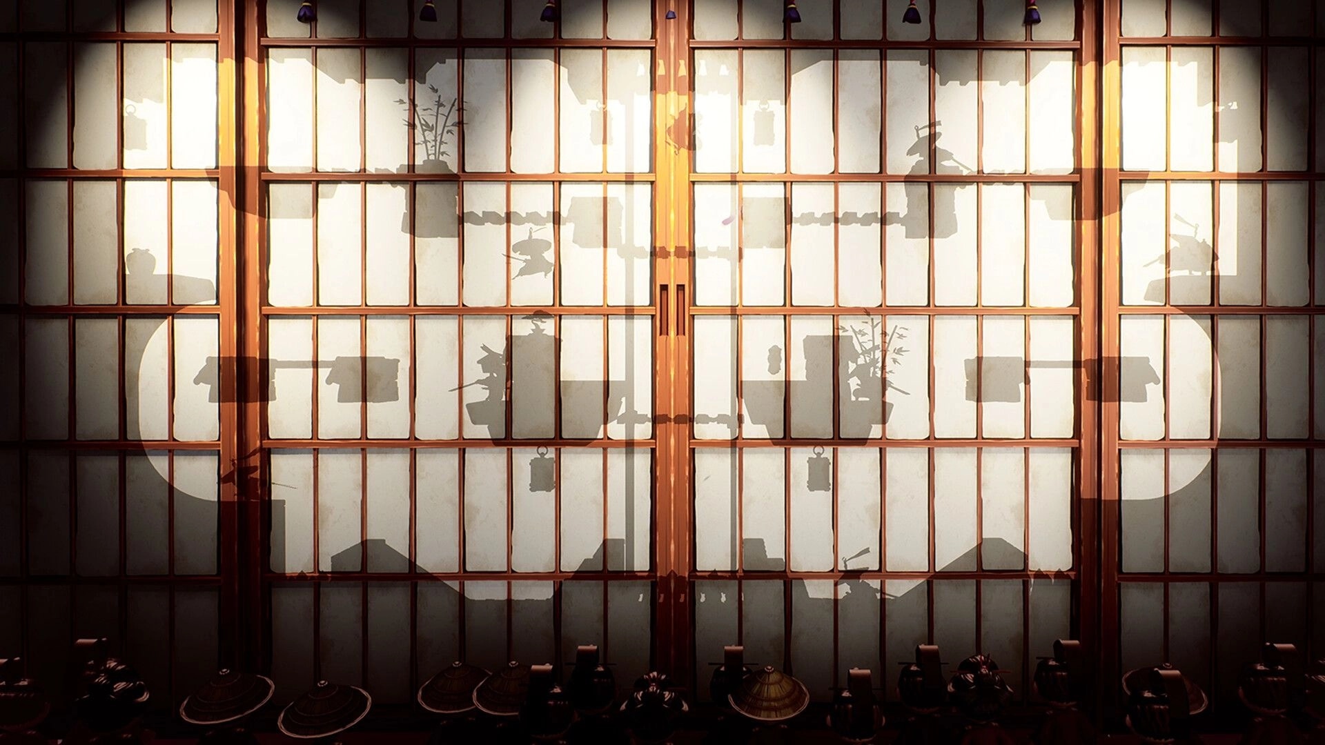 Bunraku: Ninja silhouettes clash behind shoji screens in a theater stage with warm spotlight circles.