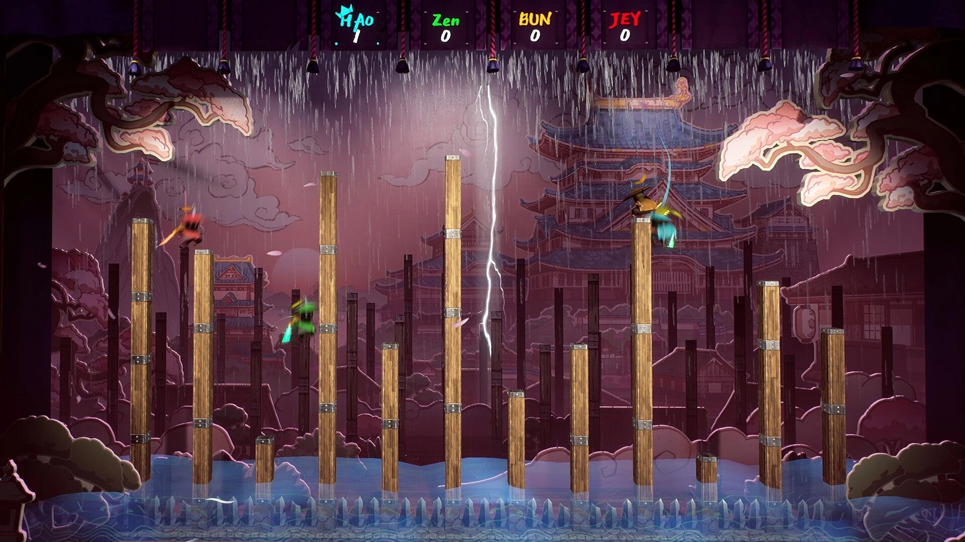 Bunraku: Ninjas leap between tall wooden posts in rain, scoreboard shows four players at top.