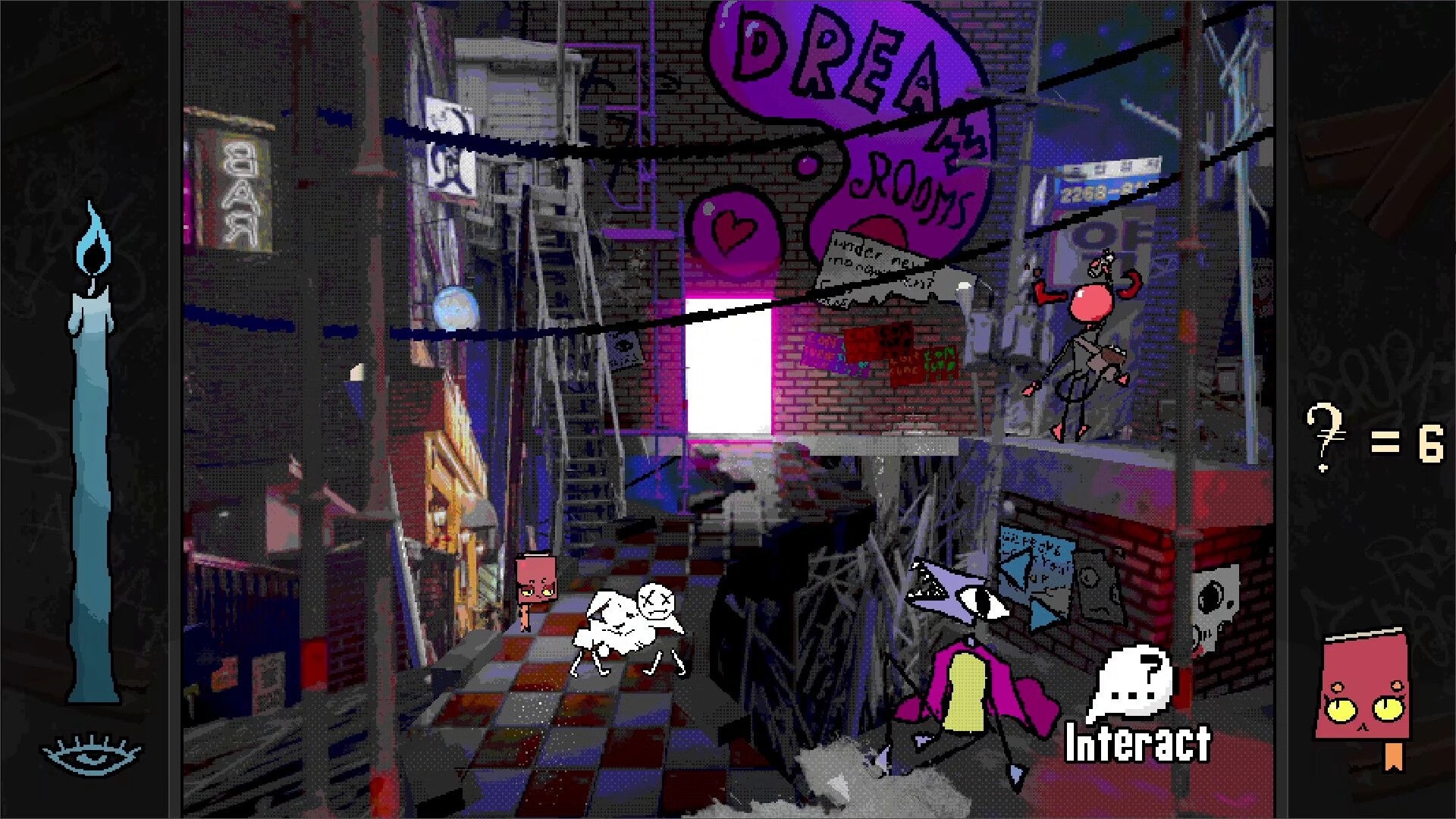 Burden Street Station: Characters explore surreal alley with graffiti, interact prompt, and lit candle UI
